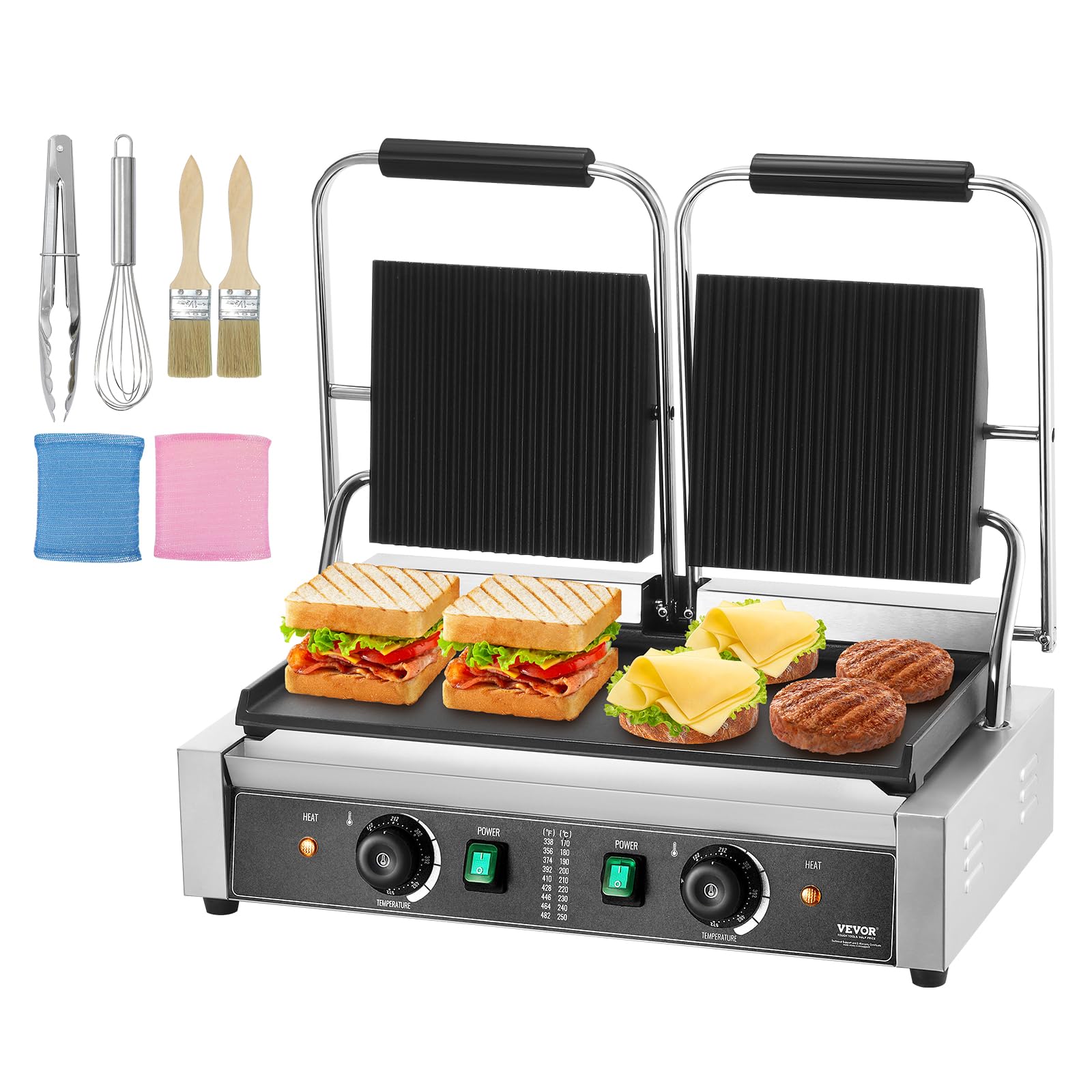 VEVOR 3600W Commercial Electric Panini Grill Press, Stainless Steel Double Sandwich Maker with Temperature Control & 19