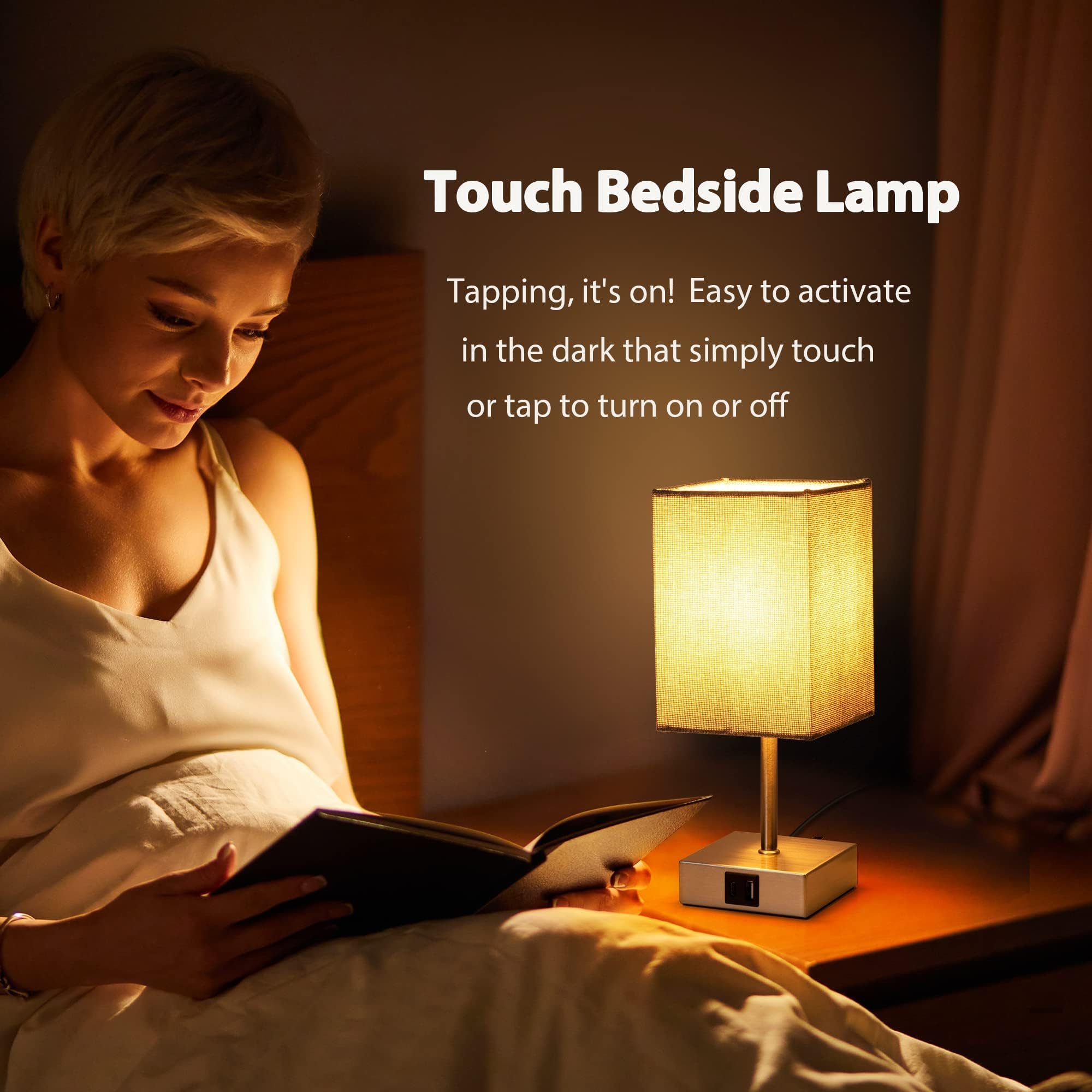 EDISHINE 2-Pack Dimmable Bedside Lamps with USB A+C Charging Ports, Touch Control Table Lamps for Bedroom & Living Room, Grey (LED Bulbs Included) - Perfect for Night Reading and Modern Home Decor