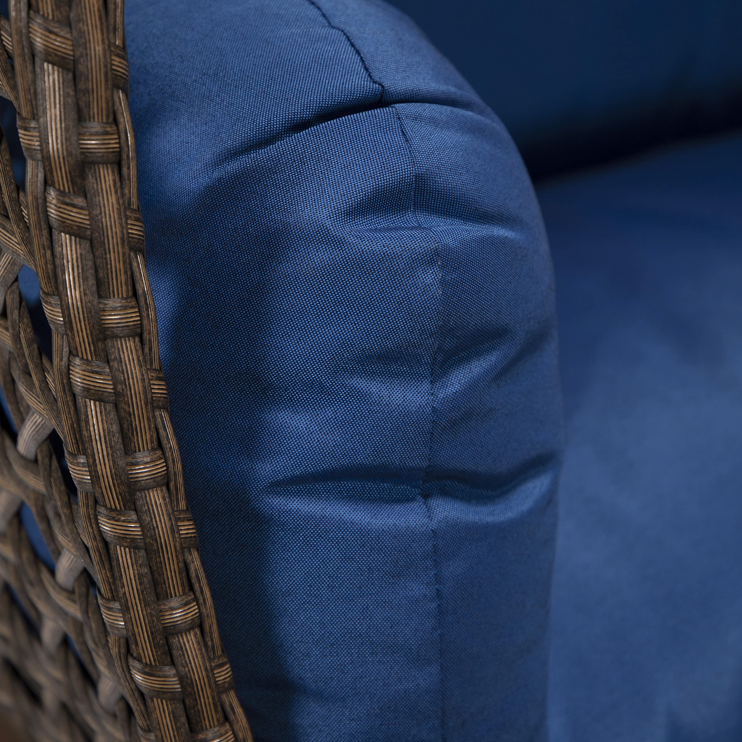 LeisureMod Mendoza Dark Brown Wicker 2-Person Patio Hanging Egg Chair with Stand & Cushions - Indoor/Outdoor Swing for Garden, Porch, Backyard (Blue) - Perfect for Relaxing, Lounging & Enjoying Summer Breezes