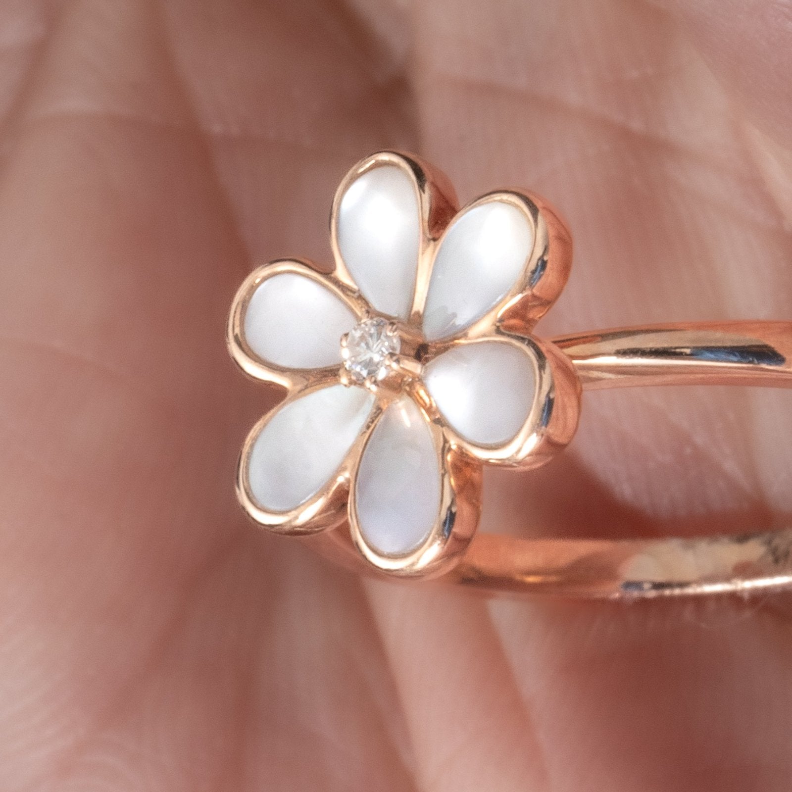 14k Rose Gold Mother of Pearl Flower Ring with Diamond Center - Elegant Jewelry for Weddings, Anniversaries & Special Occasions