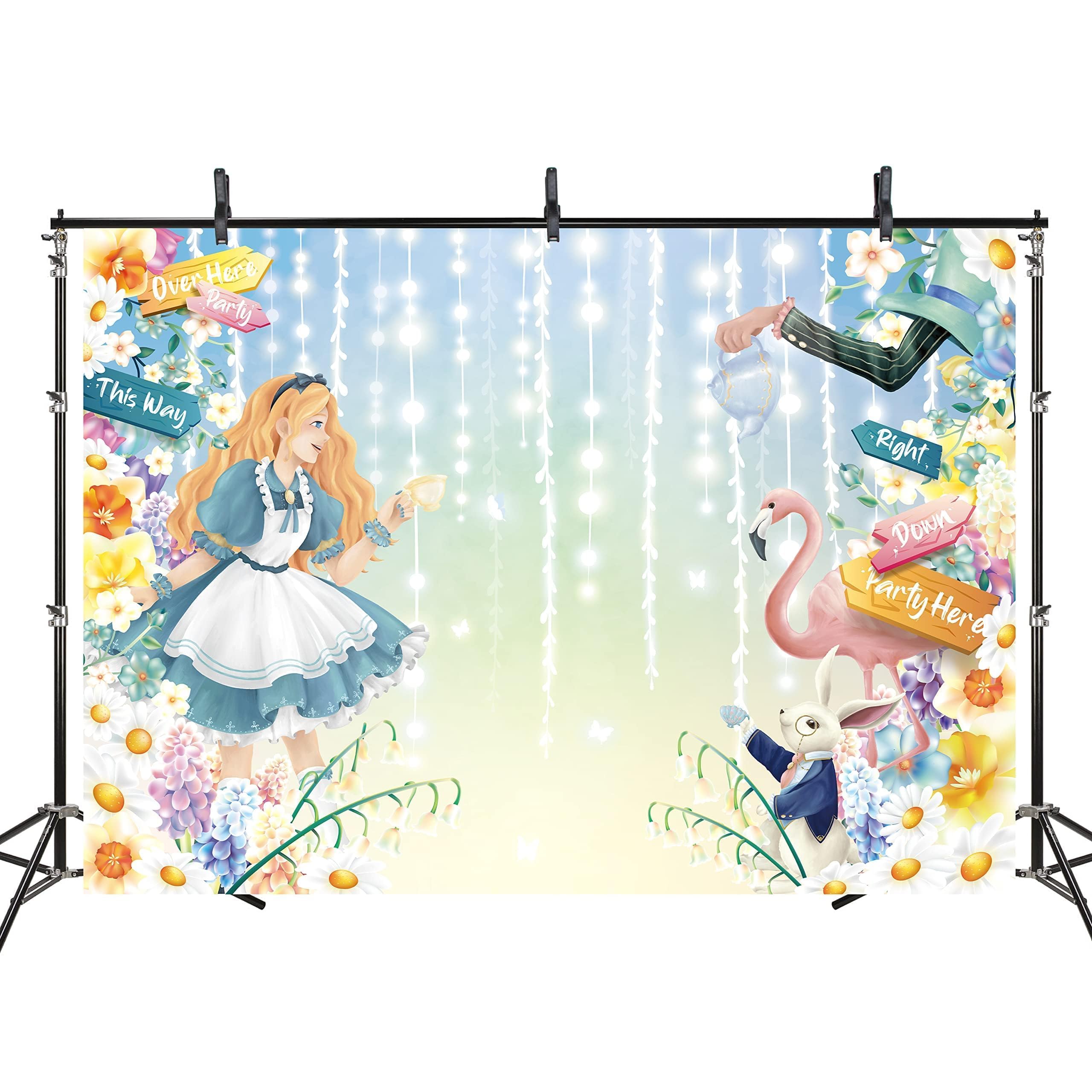 Cheerland 5x3 ft Alice in Wonderland Backdrop - Floral Bunny Themed Birthday Party Decor for Girls, Easter Photobooth Background, Baby Shower Wall Decor - Perfect for Onederland Celebrations, Pastel Tea Parties & Spring Events