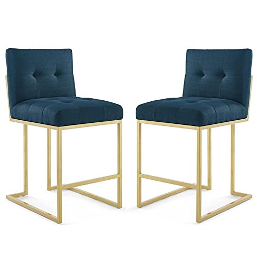 2-Piece Upholstered Metal Counter Stool Set in Gold & Blue - Modern Kitchen Bar Stools for Breakfast Nook, Kitchen Island & Home Decor - Home Square