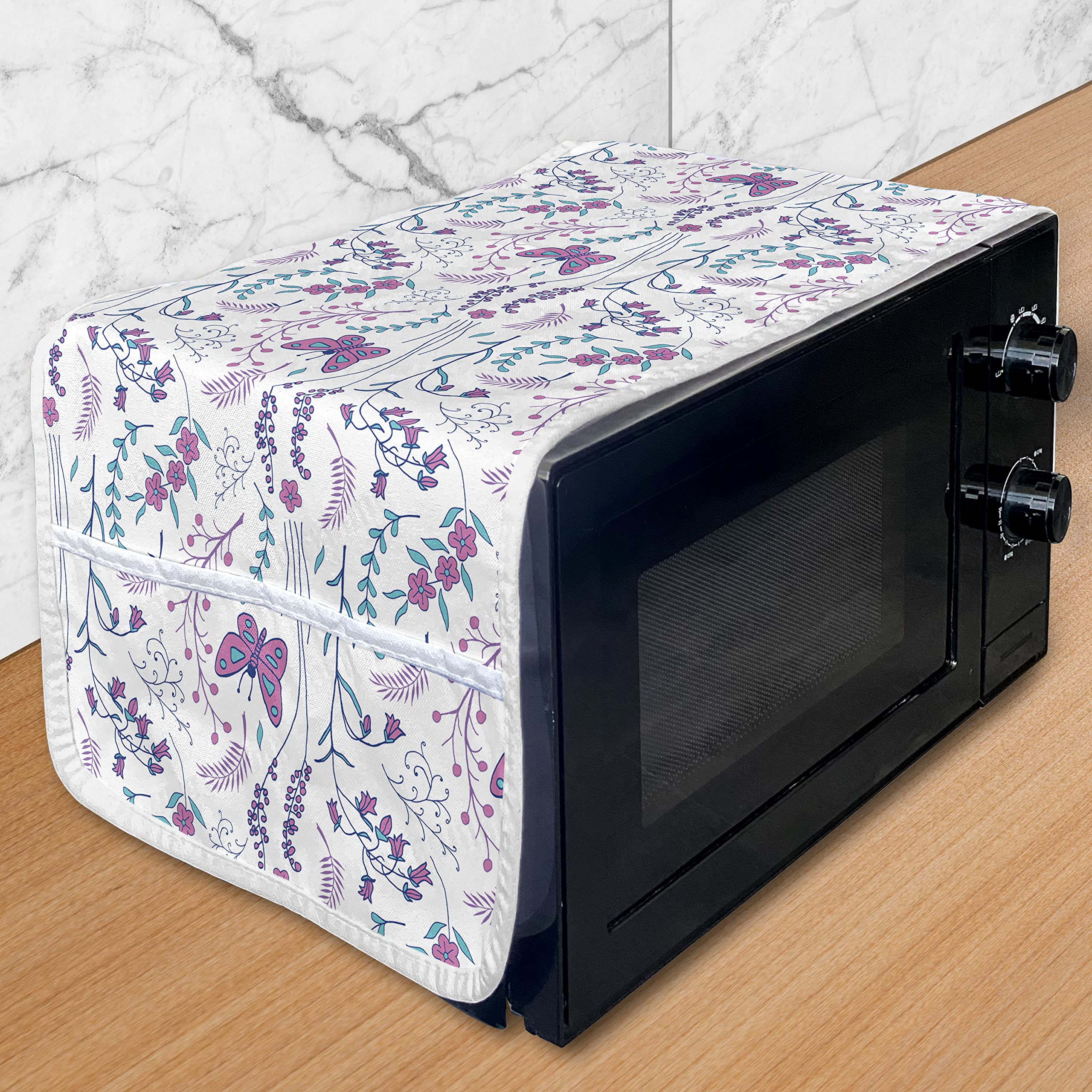 Ambesonne Spring Microwave Cover - Romantic Floral Design with Leaves & Butterflies, Waterproof Kitchen Organizer with Pockets, 36 x 12 Inches, Dark Turquoise Blue - Perfect for Spring Decor & Small Kitchen Storage