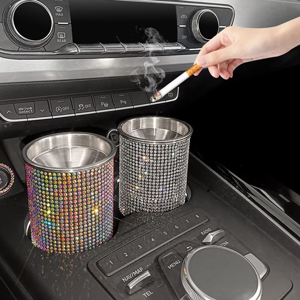 Bling Diamond Car Ashtray with Lid - Portable Mini Cup Holder Trash Can, Detachable Stainless Steel Smokeless Ash Tray with Shiny Crystal Rhinestones, Stylish Car Accessories for Women, Perfect for Road Trips and Daily Commutes