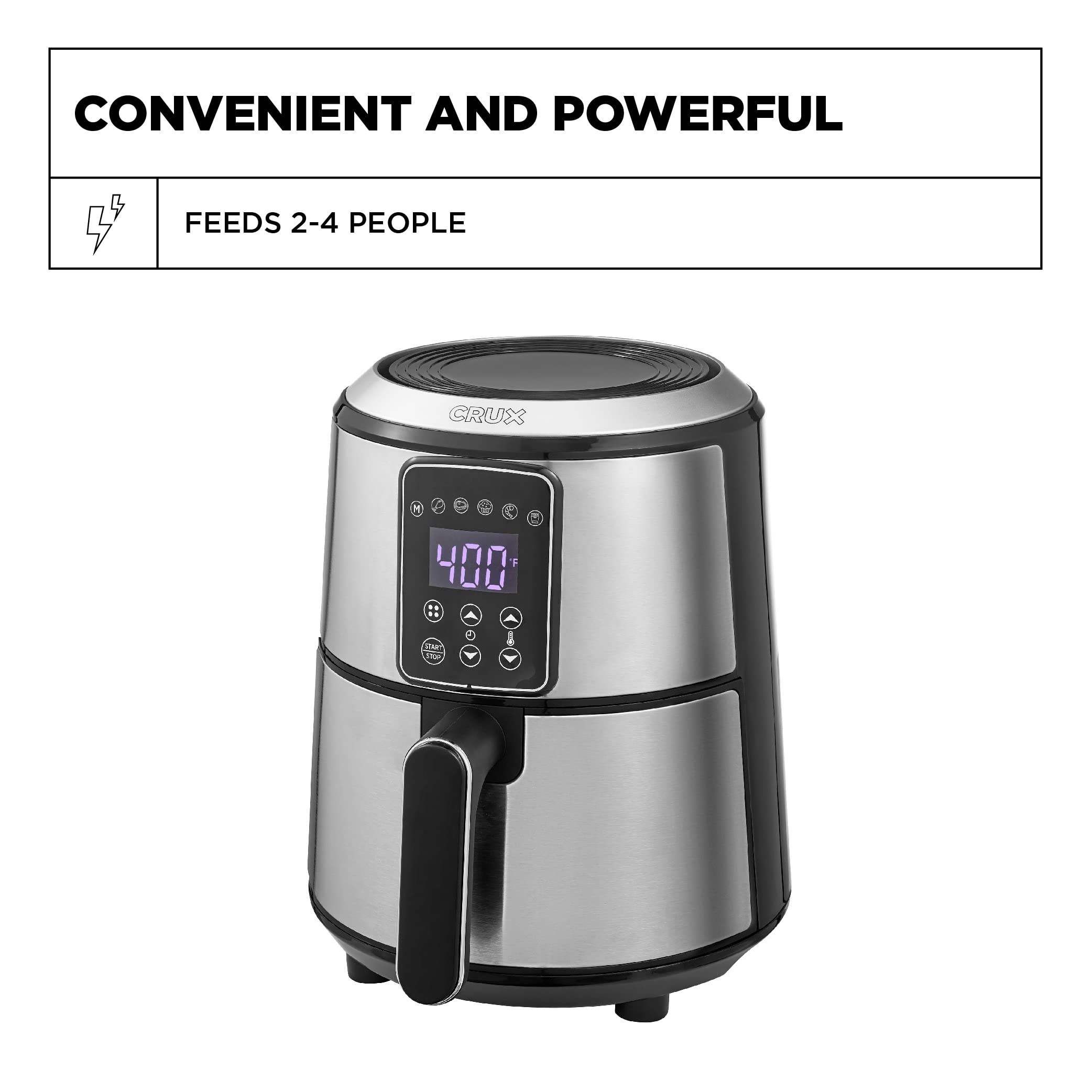Crux 3QT Digital Air Fryer - Fast Preheating, Oil-Free Healthy Cooking, Evenly Cooked Meals, Dishwasher Safe Non-Stick Basket & Crisper Tray, Stainless Steel Design - Perfect for Quick Family Dinners, Healthy Snacks & Meal Prep