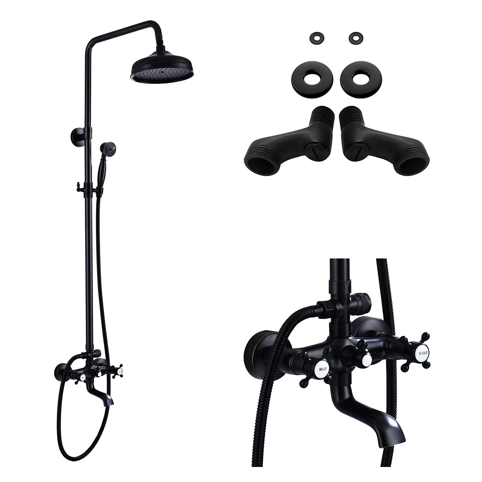 Oil Rubbed Bronze Luxury Shower Faucet - 8 Inch Rainfall Shower Head with Matte Black Adjustable 3-3/8
