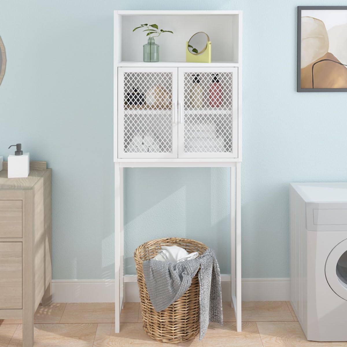 Over The Toilet Storage Cabinet - Industrial Bathroom Organizer with Rack | Freestanding Space Saving Shelf for Bathroom | White Oak Wood & Metal Design | Perfect for Small Bathrooms, Apartments & Dorm Rooms