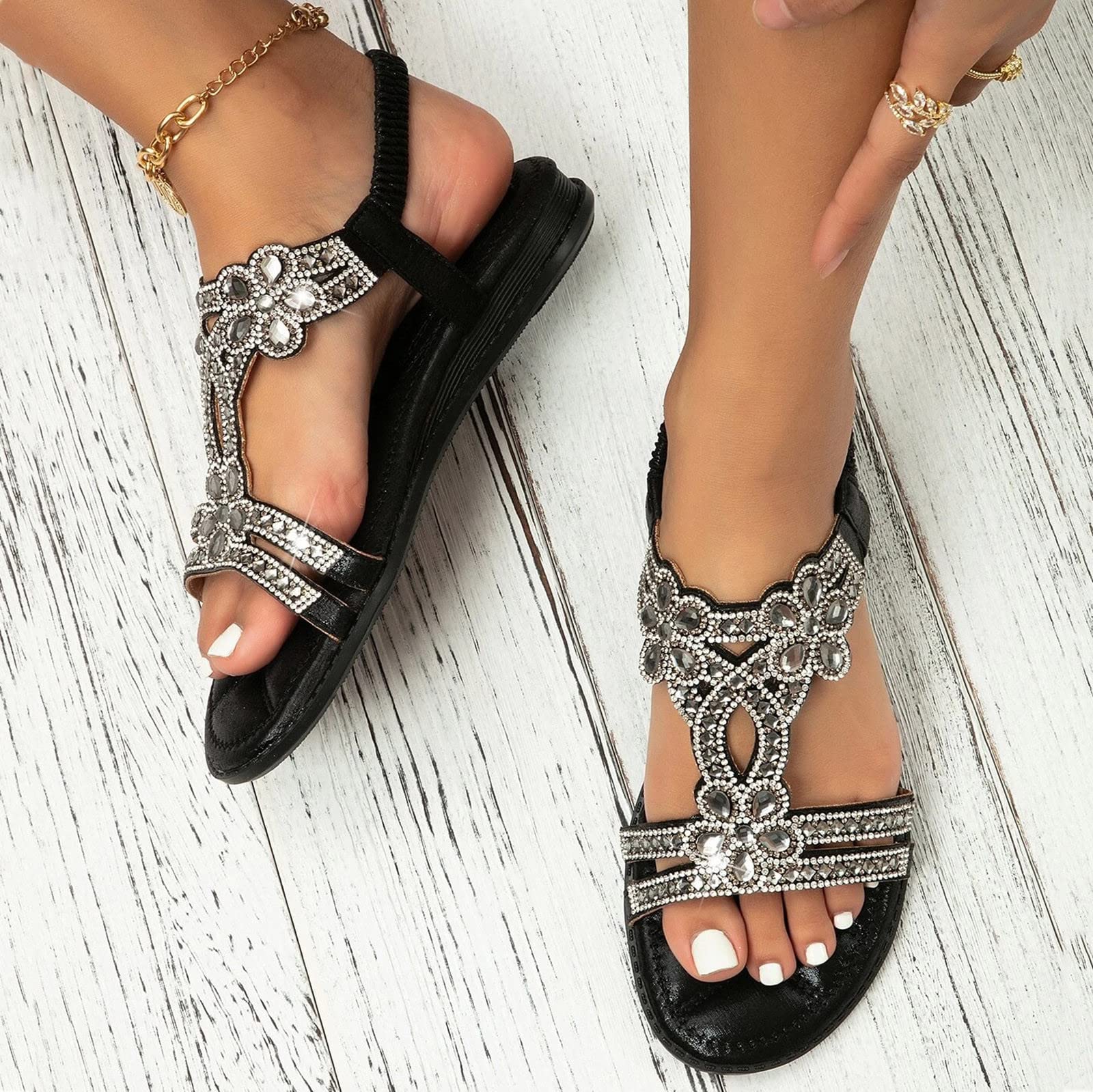 Women's Bohemian Rhinestone Beaded Flower T-Strap Sandals - Comfortable Summer Flat Sandals for Beach, Casual & Dressy Occasions | Fashionable Low Heeled Crystal Sandals for Women