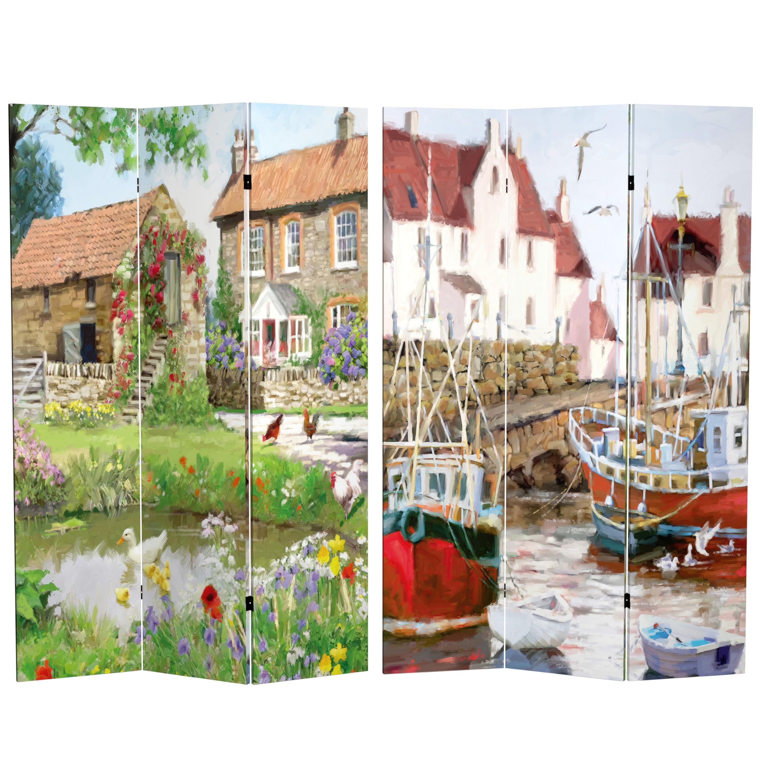 6 ft. Tall Double-Sided Red Lantern Country Village Canvas Room Divider - Multicolor Folding Screen for Home Decor, Living Room Partition, Wedding & Event Backdrop