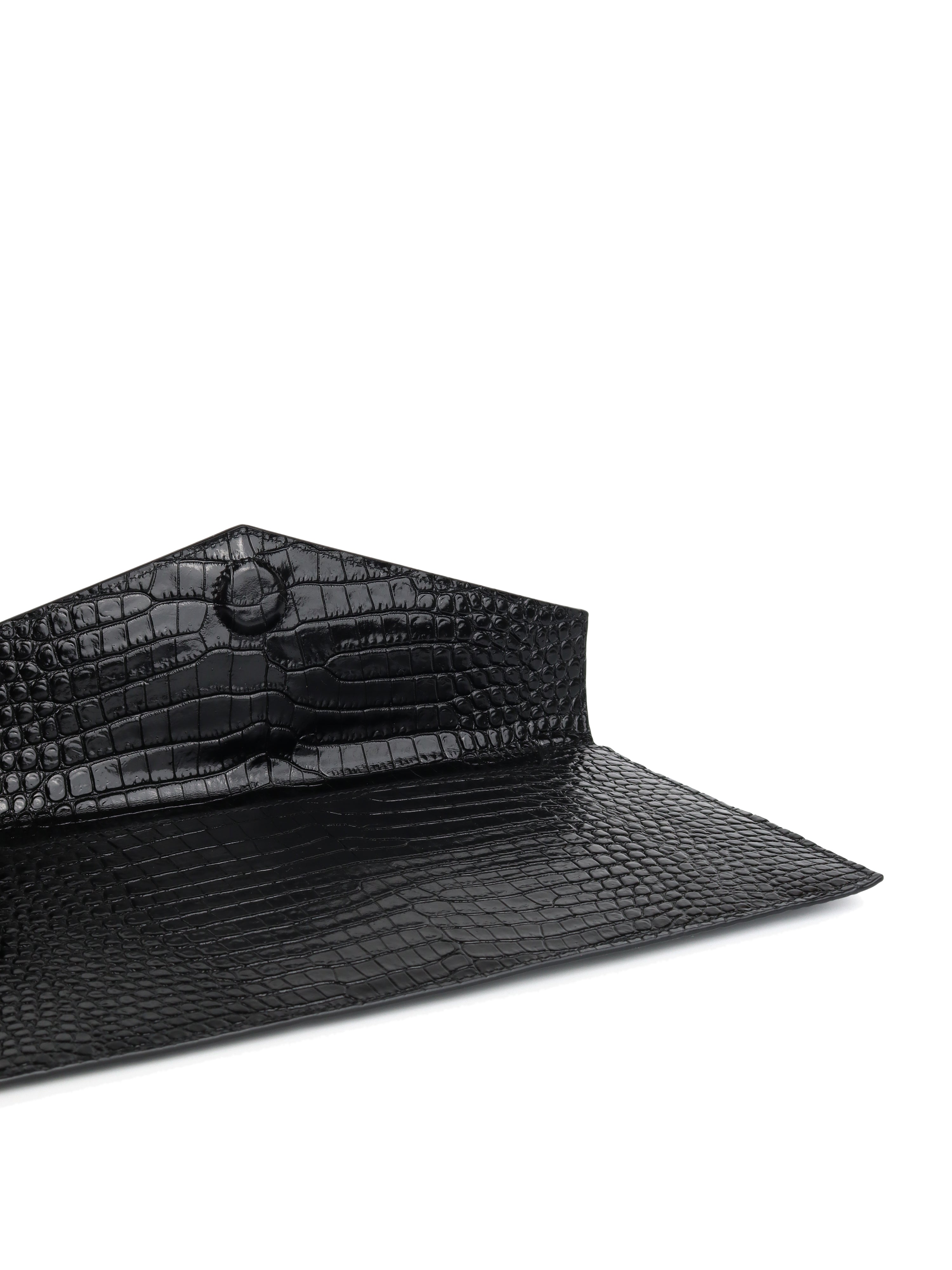 Saint Laurent Black Croc Embossed Uptown Pouch with Gold Hardware - Luxury Evening Clutch for Women, Perfect for Parties, Weddings & Special Occasions
