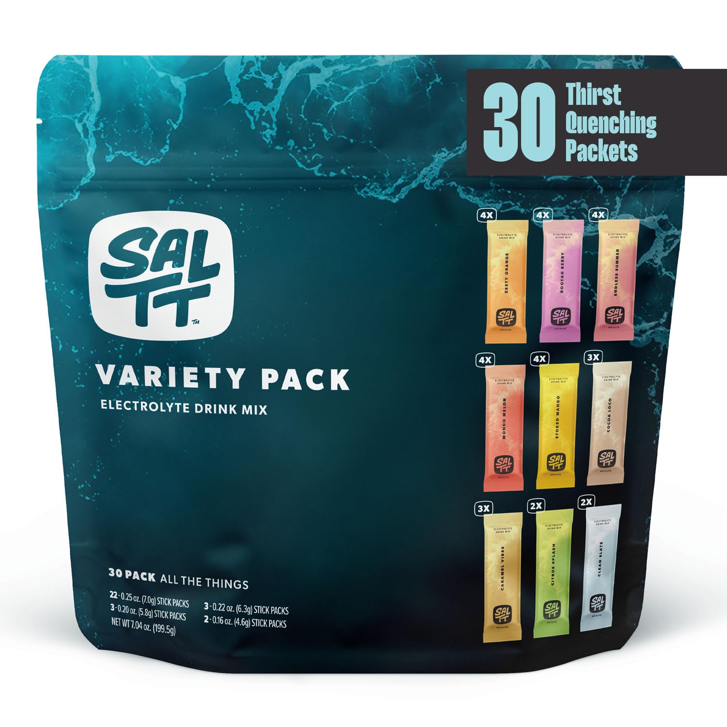 SALTT Electrolyte Powder Drink Mix - Variety Pack of 30 Hydration Packets with Magnesium, Potassium, Sodium & Trace Minerals - Sugar Free, Gluten Free - Perfect for Travel, Workouts & Daily Hydration