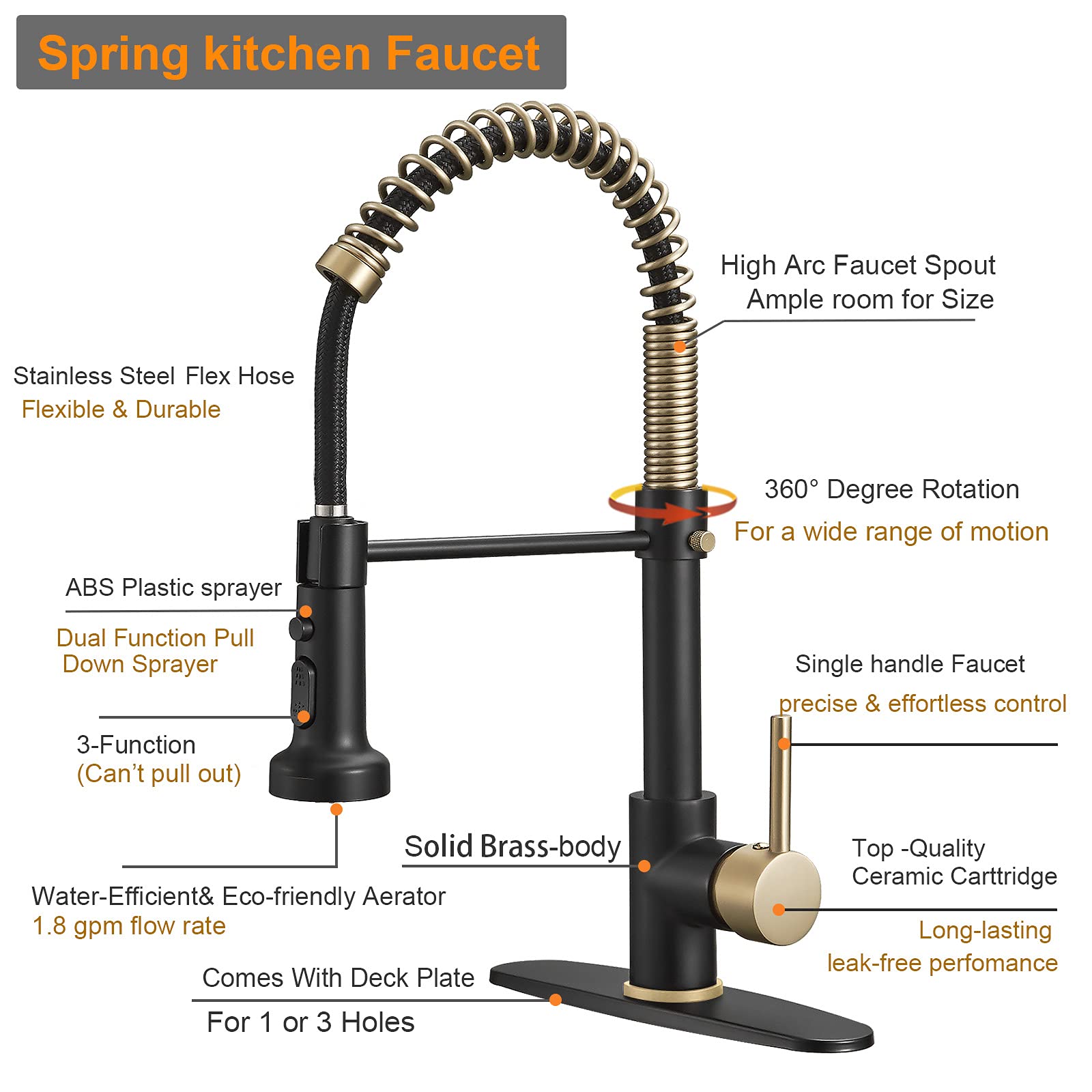 Matte Black & Gold Spring Kitchen Faucet with Pull Down Sprayer - for RV & Laundry Sinks