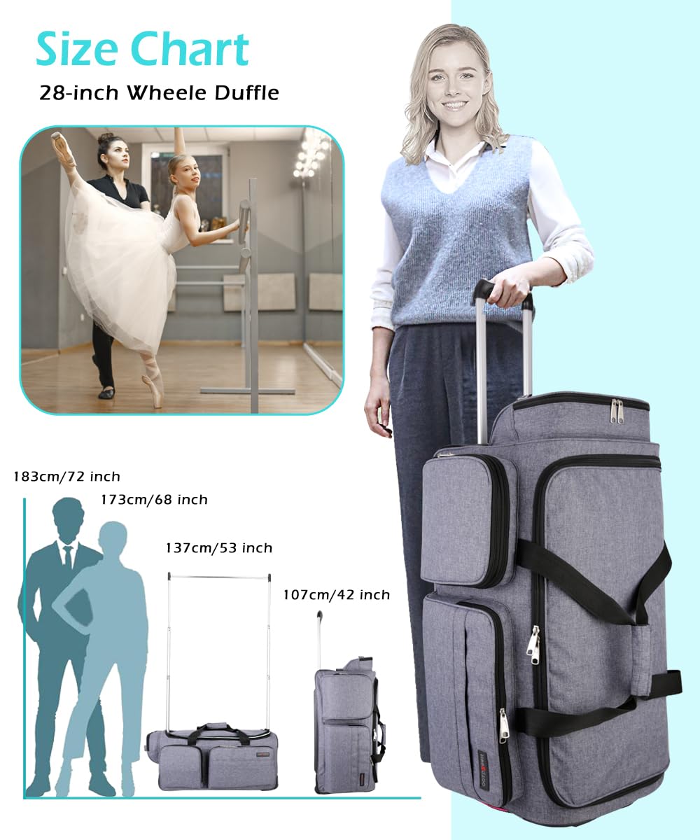 28-Inch Collapsible Rolling Dance Duffel Bag with Garment Rack - Wheeled Upright Luggage for Travel & Dance Competitions (Grey) | Perfect for Ballet, Ballroom & Costume Storage On-The-Go