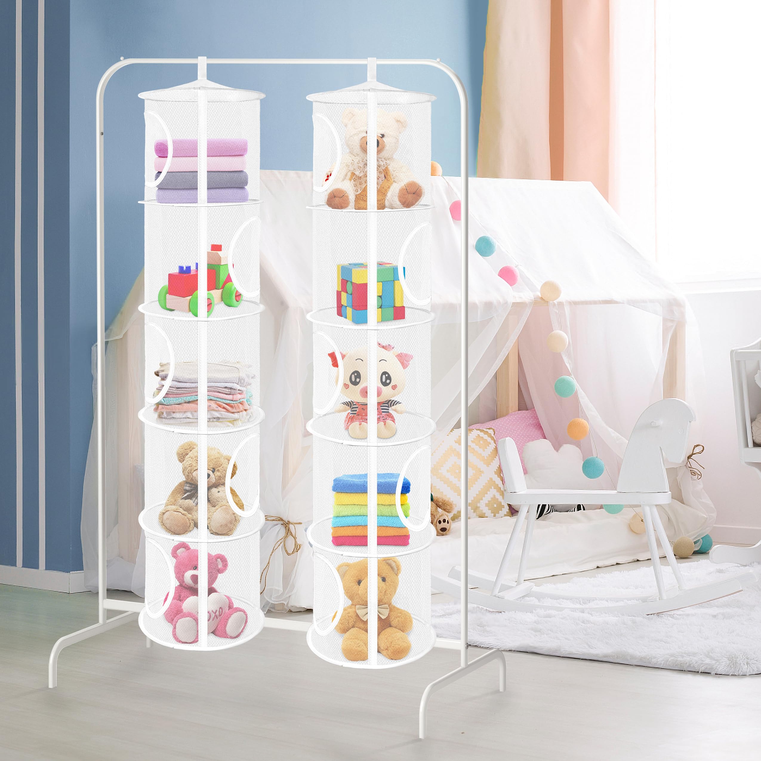 Libeder Mesh Hanging Storage Organizer Bags - 5 Compartment Foldable Space Saver for Toys, Clothes & Accessories - Perfect for Kids Room, Bathroom & Closet Organization (2-Pack, White)