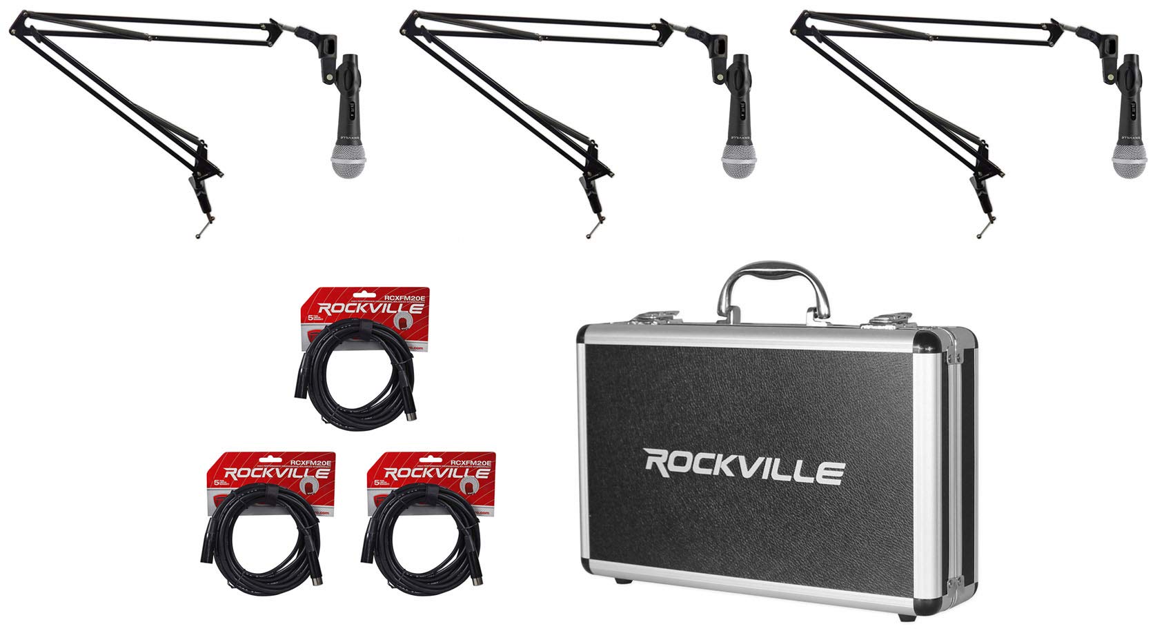 Rockville 3-Pack Professional Microphone Kit with Case & Boom Arms - Perfect for Podcasting, Broadcasting, Live Streaming & Home Studio Recording