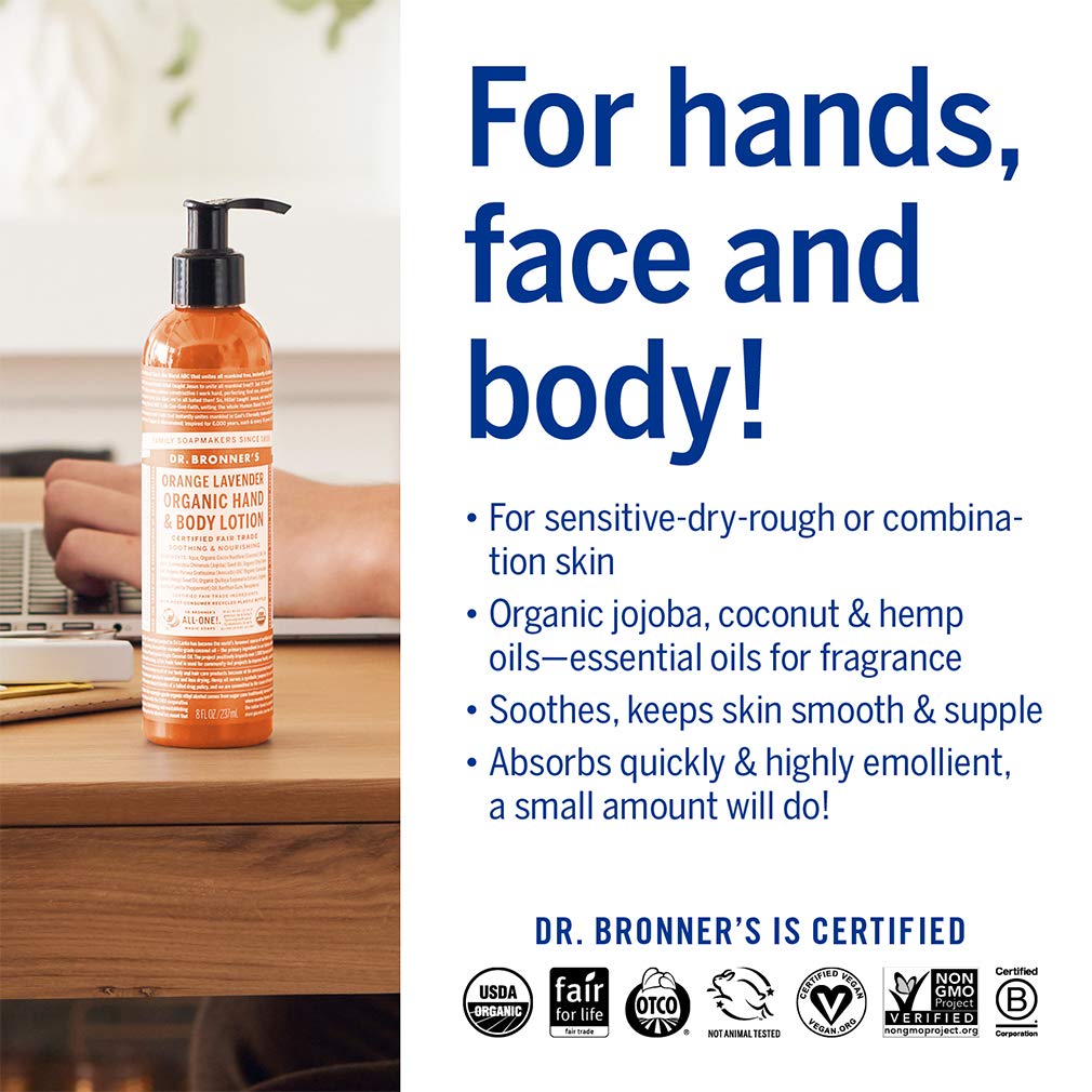 Dr. Bronner's Organic Orange Lavender Body Lotion - 8 oz | USDA Certified Organic Moisturizer for Dry Skin | Soothing Hand Cream & Face Moisturizer | Vegan, Non-GMO, Highly Emollient | Perfect for Daily Hydration & Post-Shower Skincare Routine