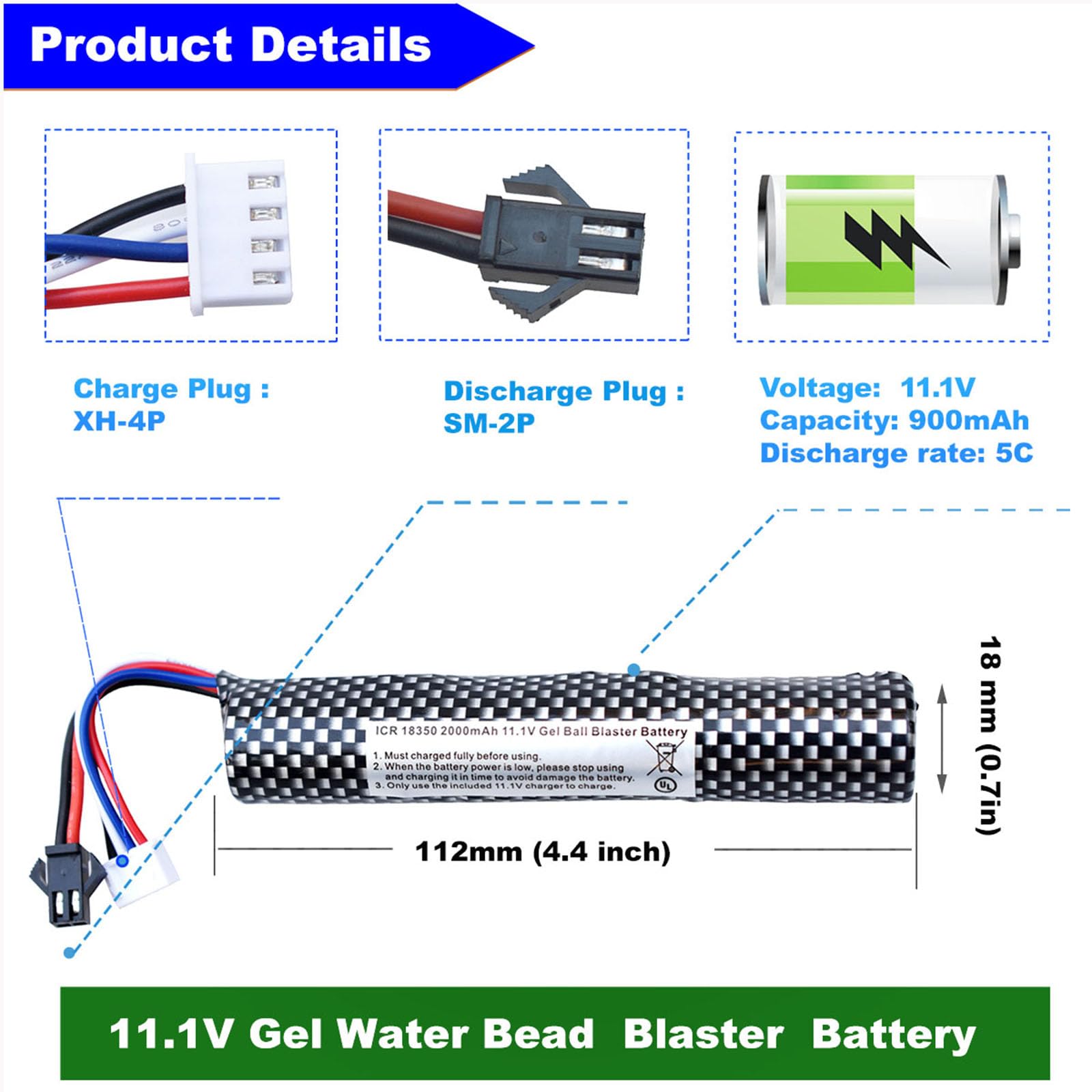 11.1V 2000mAh Rechargeable LiPo Battery with USB Charger for Airsoft Gel Ball Blasters - High Performance Replacement Battery for Gel Water Bead Toys - Perfect for Outdoor Skirmishes, Target Practice & Tactical Games (1-Pack)