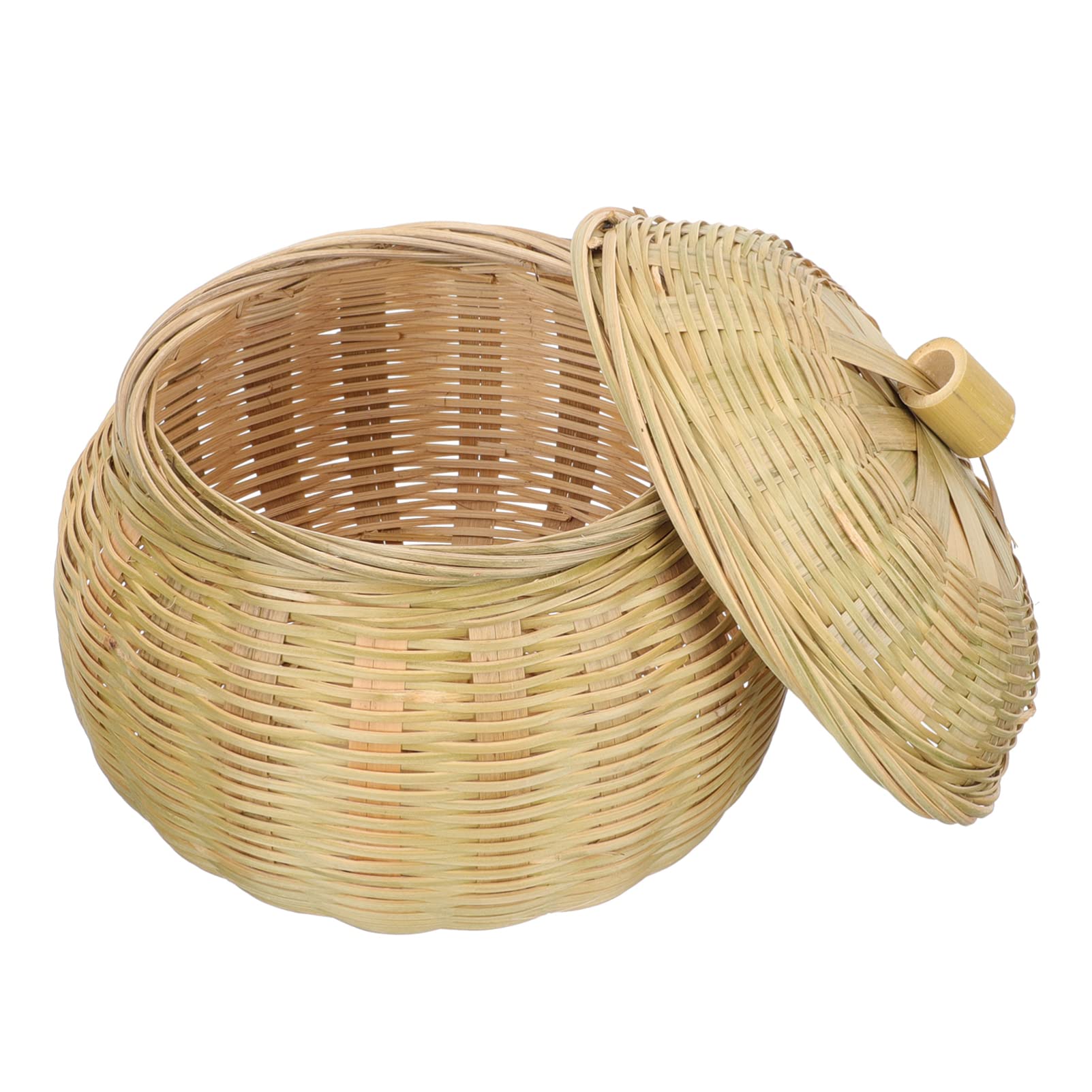 YARDWE Bamboo Woven Storage Basket with Lid - 15x14cm Round Organizer Bin for Food, Bread, Table Decor | Perfect for Kitchen, Pantry & Home Organization