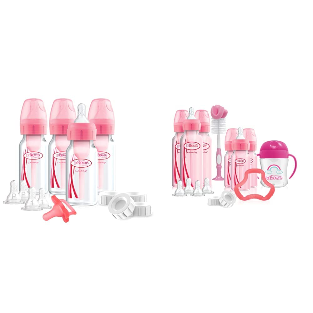 Dr. Brown's Options+ Slow Flow Anti-Colic Baby Bottle Set - BPA-Free Newborn Feeding Bottles with Gift Box | Pink | Perfect for Breastfed Babies & Reducing Gas & Colic