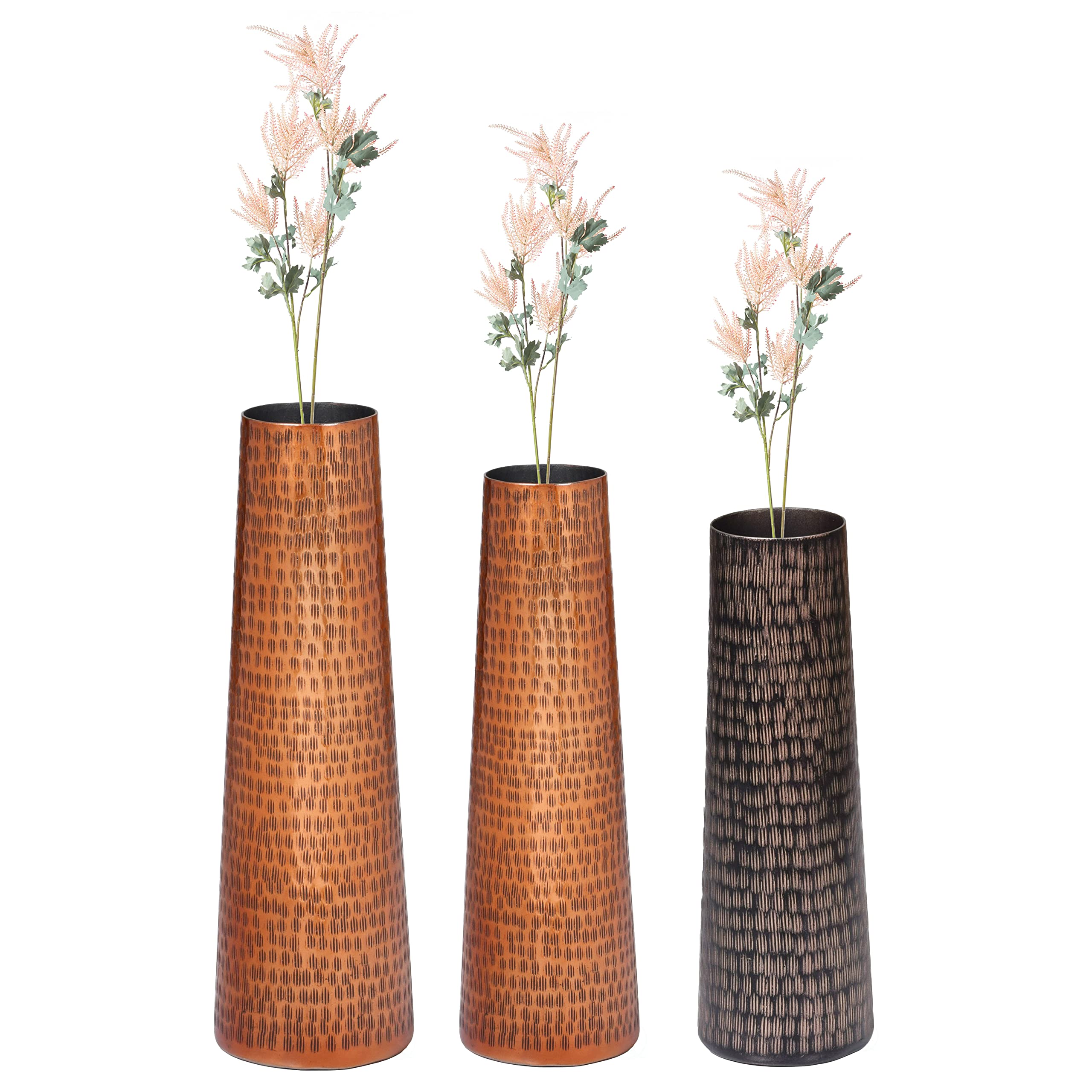 Hammered Aluminum Flower Vase Set of 3 - Decorative Copper Table Centerpiece for Wedding, Home Decor, and Dining Room Decorations