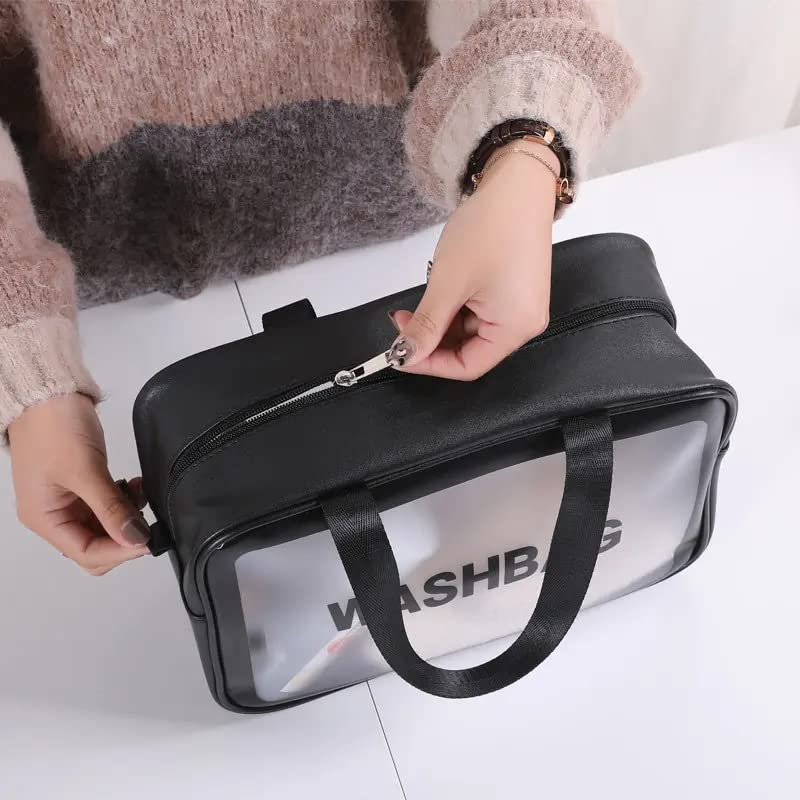 VALAMJI Waterproof Transparent Cosmetic Bag - Travel Toiletry Organizer with Zipper & Handle, Washable Makeup Pouch for Women & Girls (1PC, Black) - Perfect for Air Travel, Gym, Beach & Daily Essentials Storage