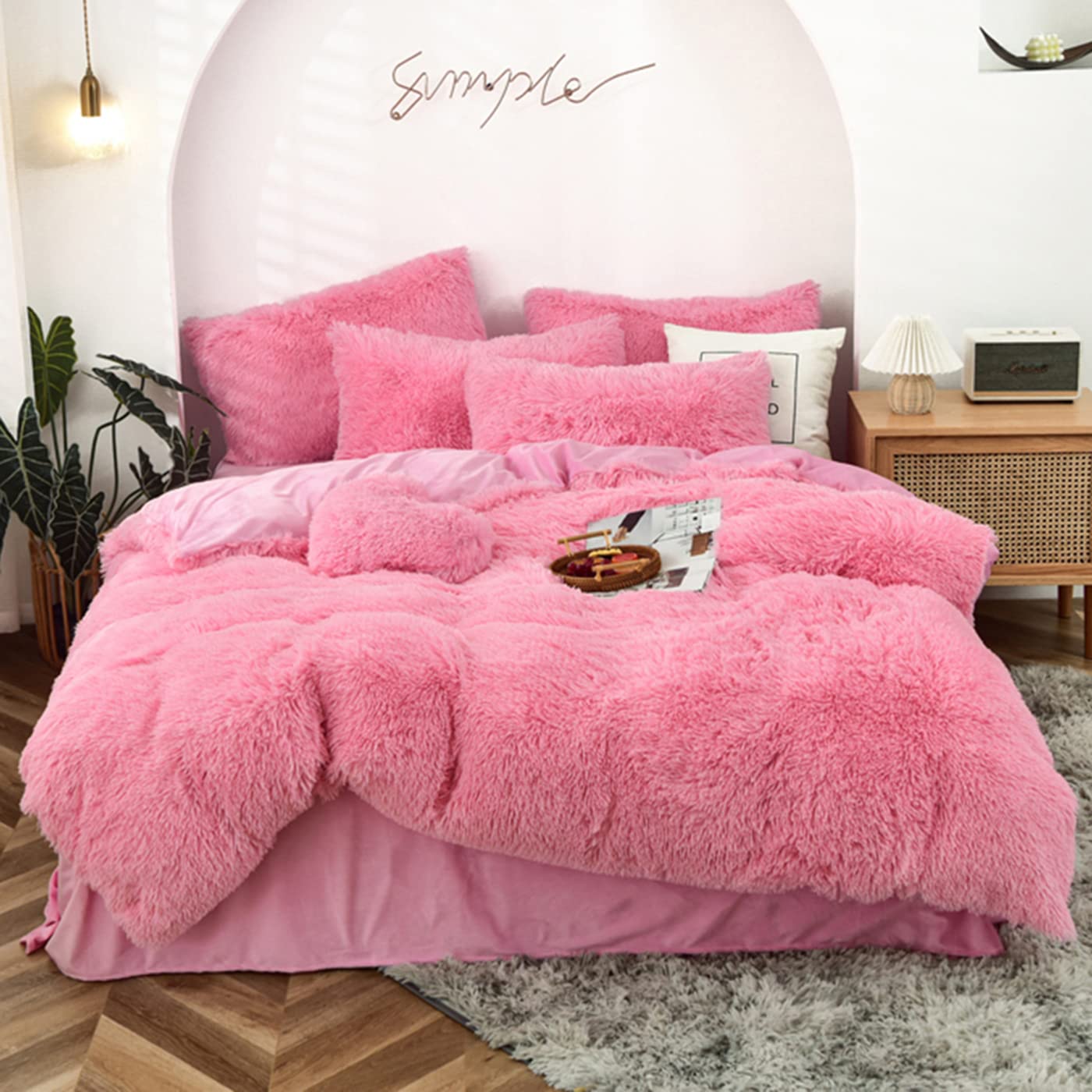 MorroMorn 5-Piece Shaggy Duvet Cover Set - Long Faux Fur Luxury Ultra Soft Bedding (Pink, Full/Queen Size) for Cozy Winter Nights & Stylish Bedroom Decor