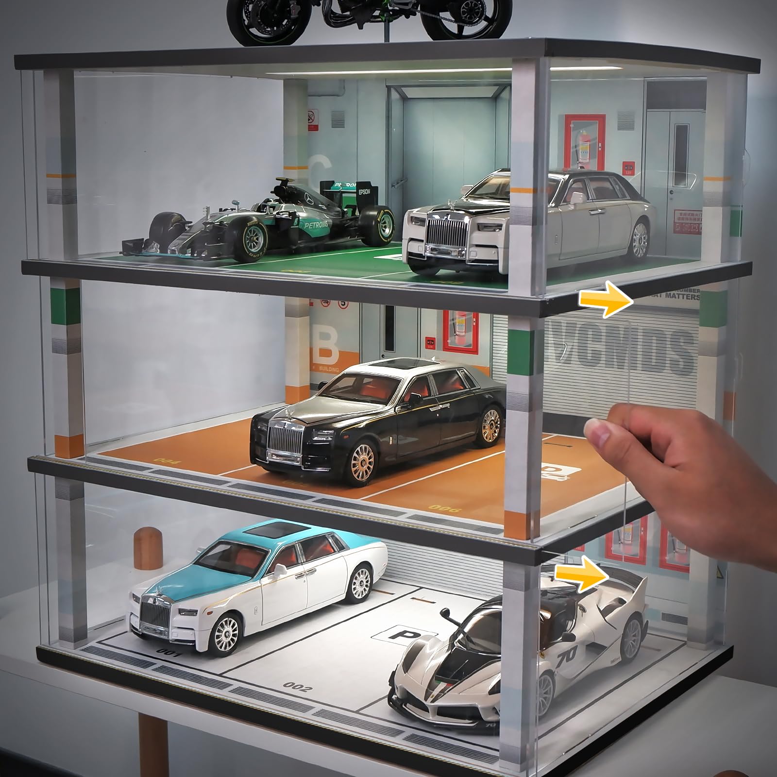 1:18 Scale Diecast Model Car Display Case with LED Lights - 3 Tier Wooden Storage Shelf for Lego, Alloy Car Collectibles & Diorama Garage - Perfect for Showcasing 9 Vehicles in Home, Office or Retail Store Displays