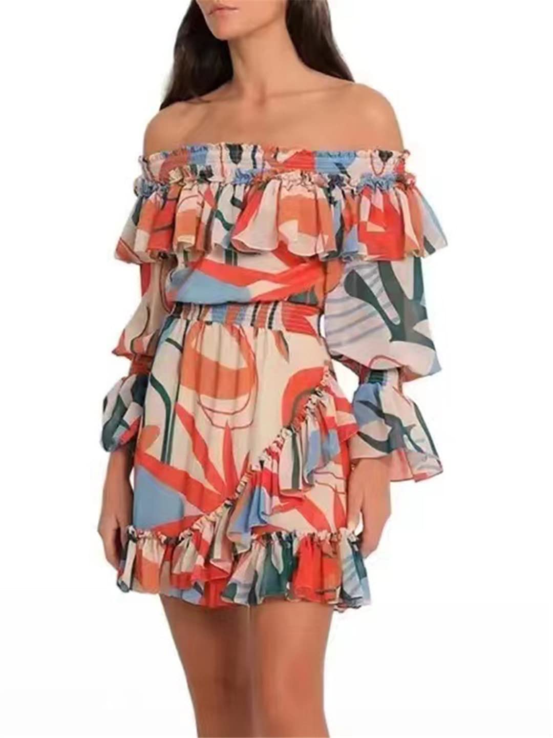 Women's Spring Summer Colorblock Print Mini Dress - Slash Neck Long Sleeve Patchwork Ruffle High Waist Flowy Dress | Casual Wear, Date Night, Beach Cover Up, Party Outfit