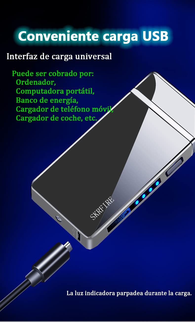 SKRFIRE Windproof Dual Arc Electric Lighter - Rechargeable USB Flameless Plasma Lighter with PVD Coating & Battery Indicator for Camping, Hiking, BBQ and Outdoor Use (Icy Silver)