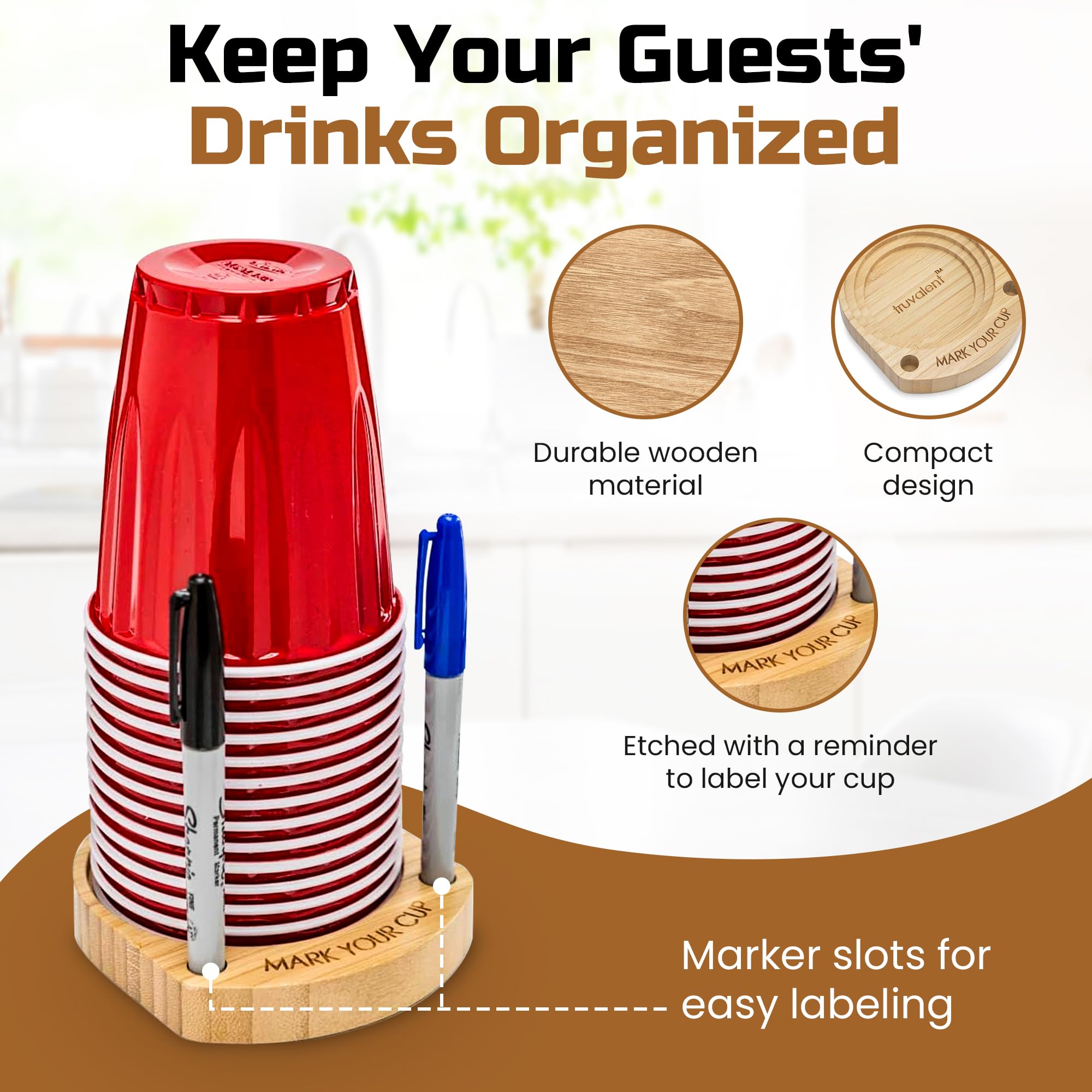 Wooden Party Cup Holder with Marker Slots - Essential Drink Organizer for Events, Weddings & Gatherings - Perfect for Keeping Track of Beverages at Parties, BBQs and Social Events