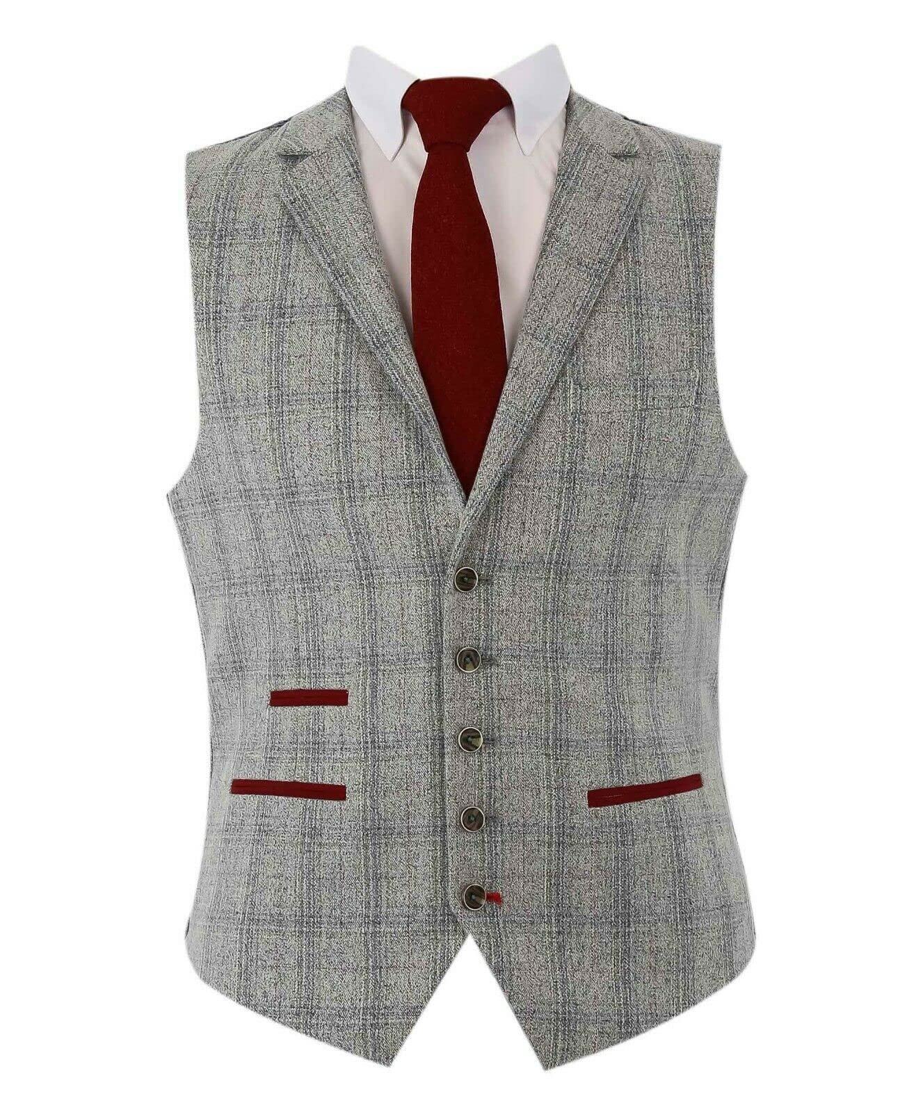 Men's Slim Fit Tweed Windowpane Check Blazer Waistcoat & Trousers Suit Set - Grey Formal Business Wedding Attire | Perfect for Office, Cocktail Parties & Special Occasions