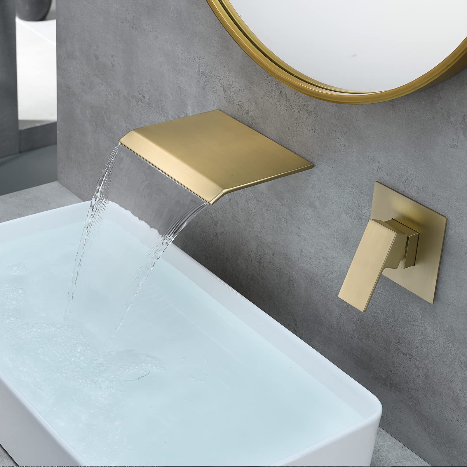 Brushed Gold Wall Mount Waterfall Bathroom Faucet - Single Handle Modern Wall Mounted Sink Faucet with Upgraded Rough-in Valve (DA-TFD3BG-NH) - Perfect for Spa-Like Bathrooms, Luxury Hotels, and Contemporary Home Decor