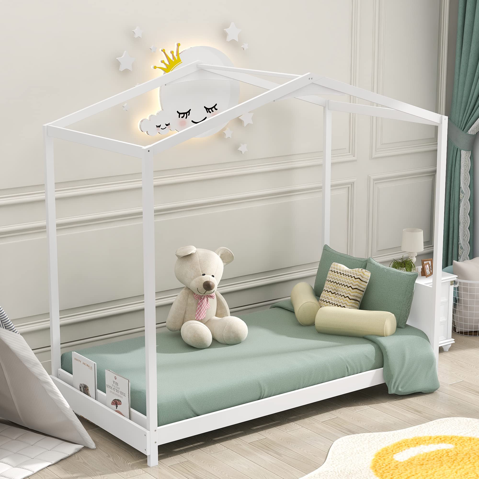 Twin Size House Platform Bed Frame with Headboard - Sturdy Wooden Bed for Kids, Teens & Adults, No Box Spring Needed (White) - Perfect for Small Bedrooms, Guest Rooms & Kids' Rooms