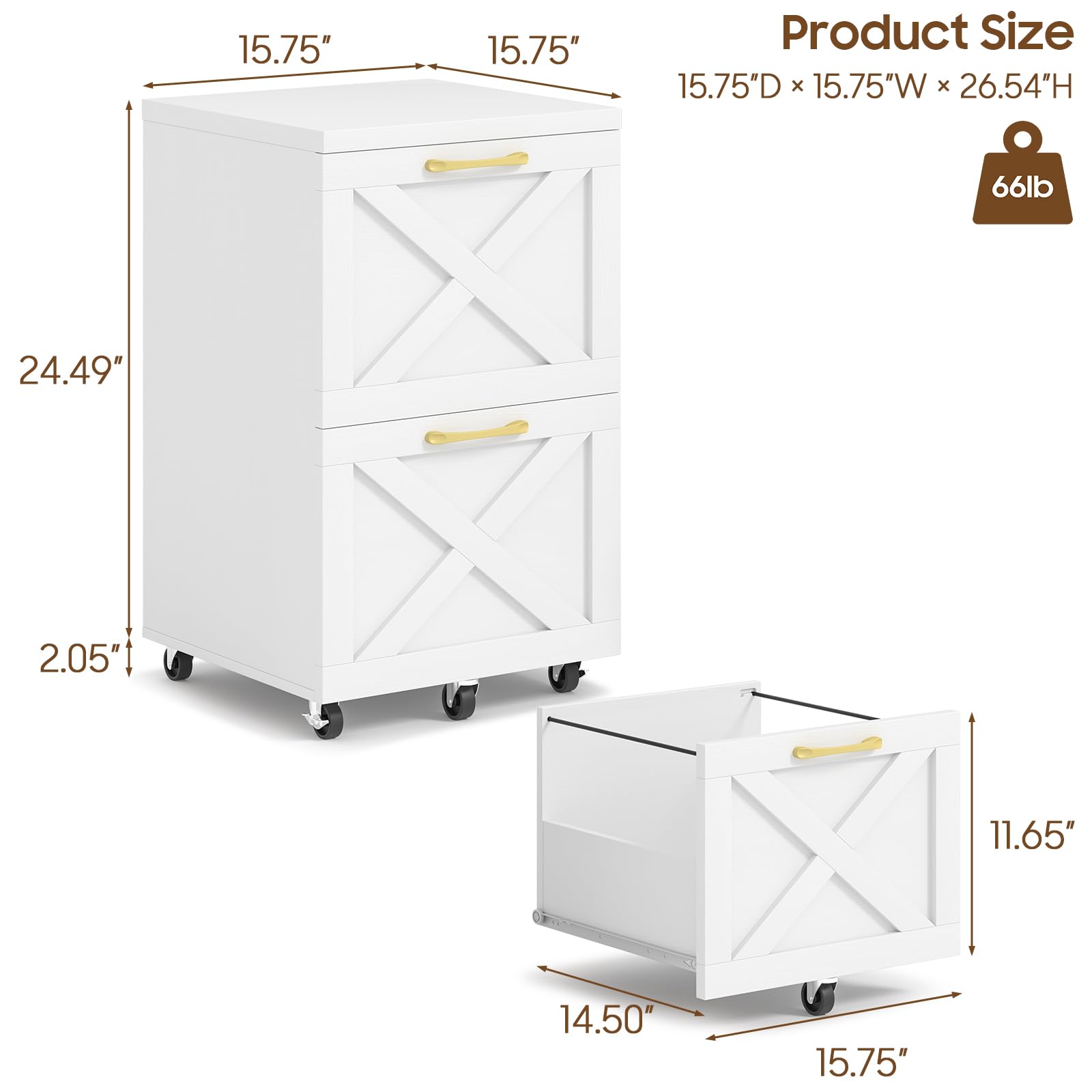 2 Drawer Small File Cabinet with Wheels - Farmhouse Vertical Filing Cabinet for A4 & Letter Size - Under Desk Rolling File Organizer for Home Office - Wooden Printer Stand (White) - Perfect for Organizing Documents & Saving Space in Small Offices