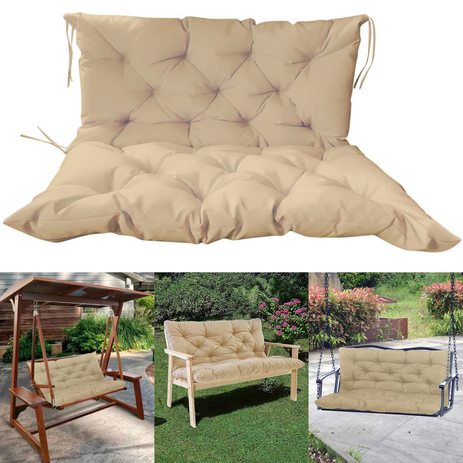 **Waterproof Outdoor Swing Replacement Cushions - 3-Seater Bench Cushions with Backrest & Ties, Non-Slip Overstuffed Patio Furniture Cushion for Porch, Garden, Deck (39.37x39.37 Inches, Beige) - Perfect for Lounging, Relaxing & Outdoor Entertaining**