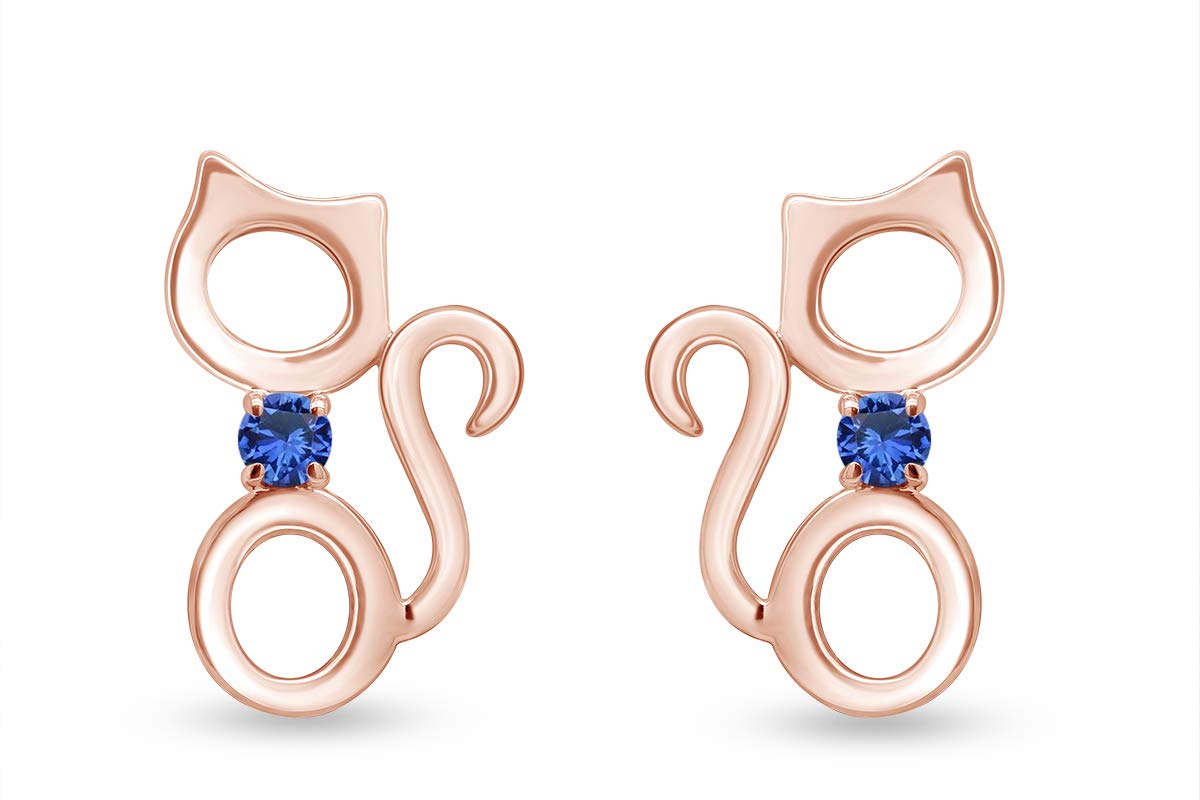 Round Cut Simulated Birthstone Kitty Cat Stud Earrings for Women - 14k Gold Over Sterling Silver Push Back Closure - Perfect Gift for Cat Lovers, Birthday & Anniversary