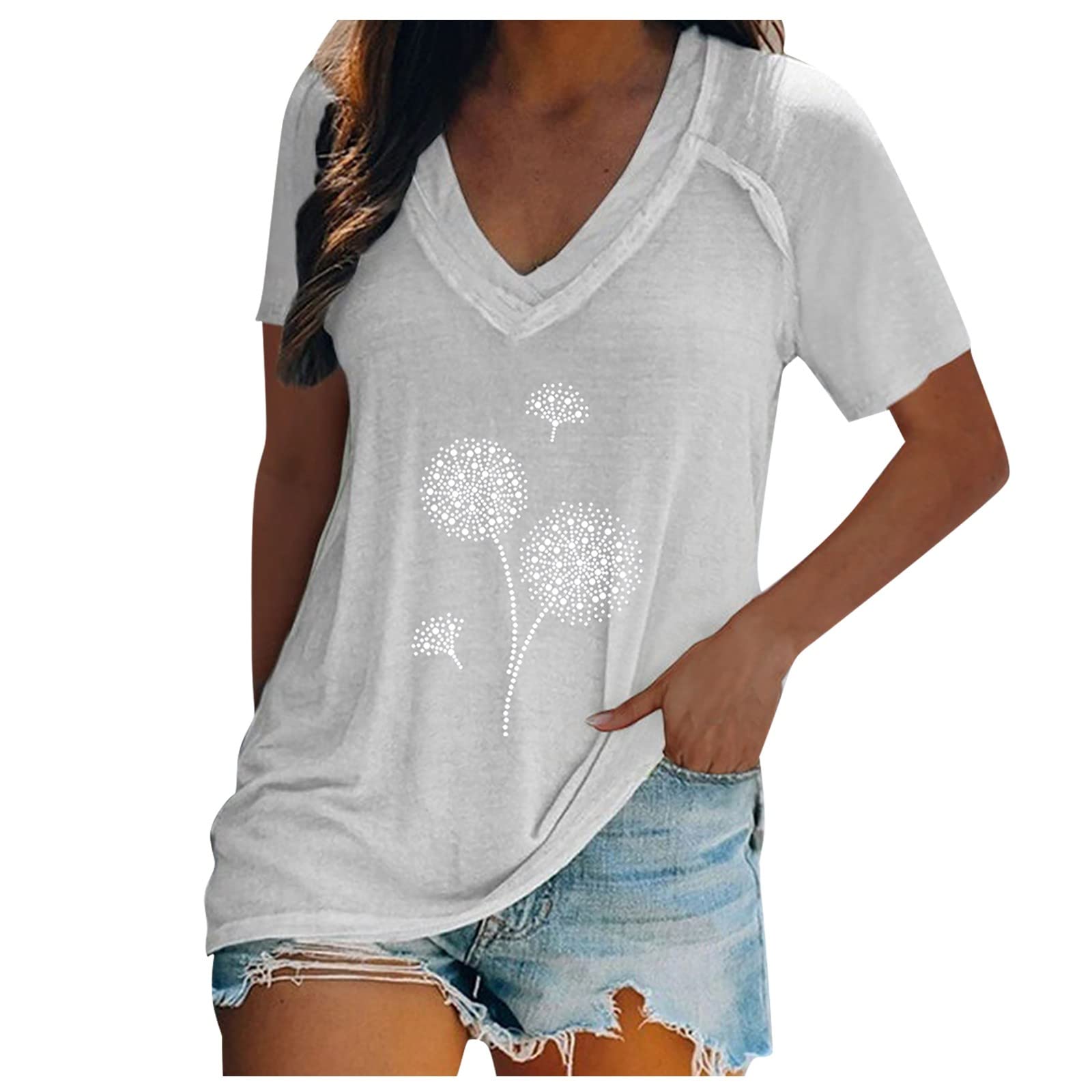 Women's V-Neck Dandelion Print T-Shirt - Plus Size Casual Loose Fit Short Sleeve Top for Everyday Wear & Summer Outfits