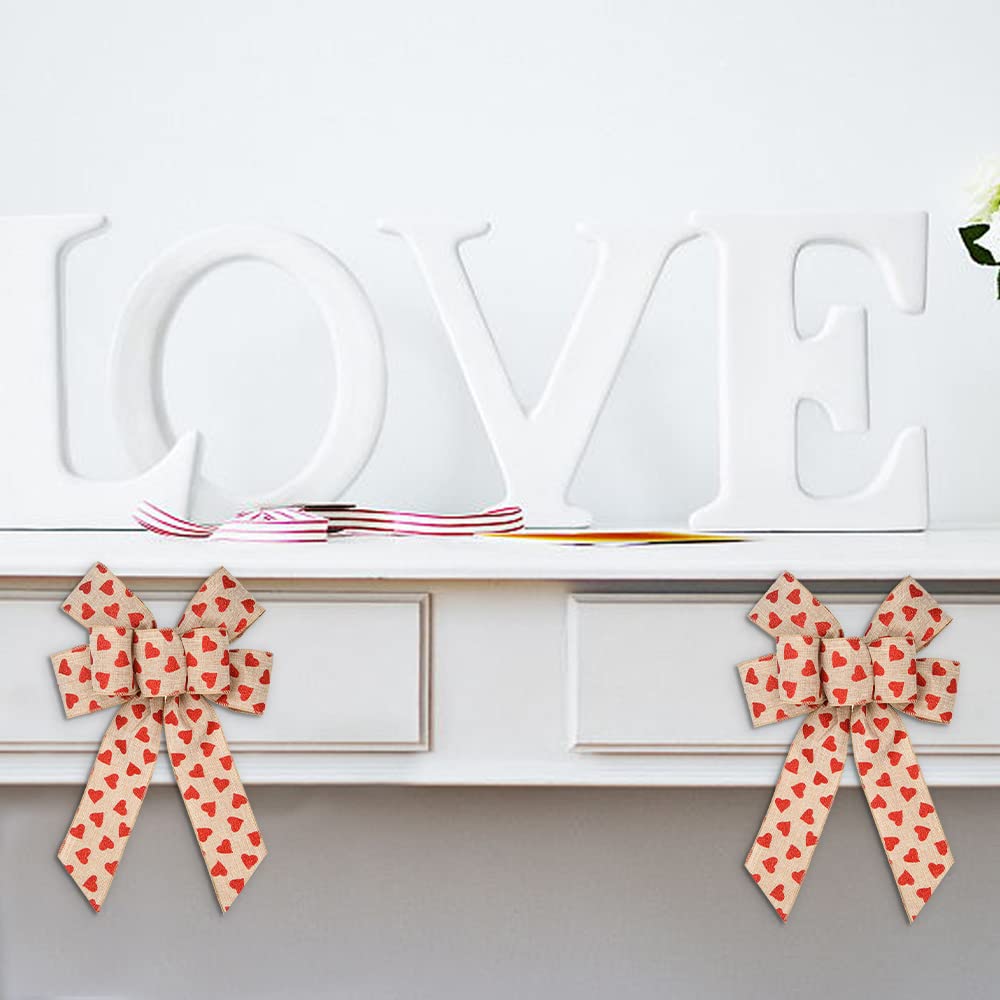 2 PCS Valentine's Day Wreath Bows - Glitter Red Heart Bows with Natural Burlap for Front Door, Wedding & Party Decorations - Perfect for Valentine's Wreaths, Home Decor and Gift Wrapping