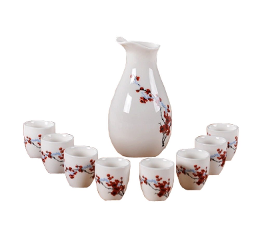 Premium Set of 9 Japanese-Style Sake Glasses & Ceramic Sake Jug - Traditional Dragon Sonic Design - Authentic Asian Drinking Ware for Home Bar, Sake Tasting, and Japanese Tea Ceremony - Perfect Gift for Sake Lovers