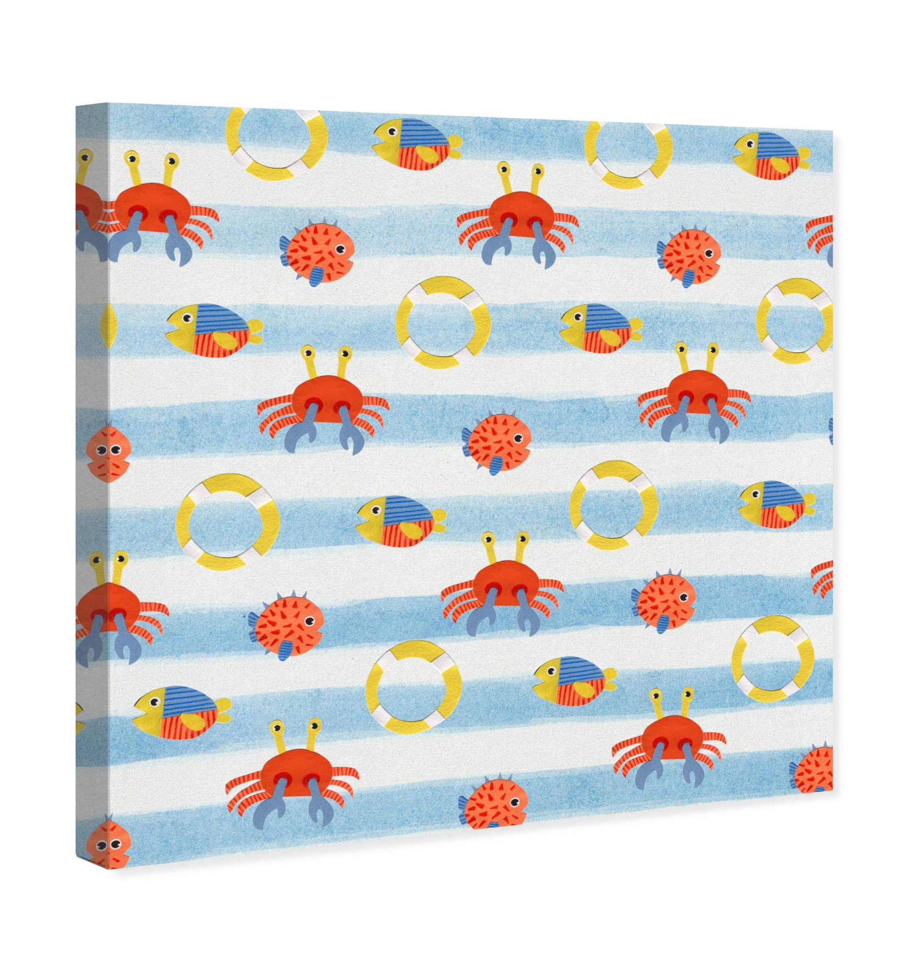 Wynwood Studio Nautical Coastal Wall Art Canvas Print - Fish Crab Lifesaver Pattern Home Decor 12x12 Inches in Blue & Orange | Perfect for Beach House, Bathroom & Coastal Living Room Decor