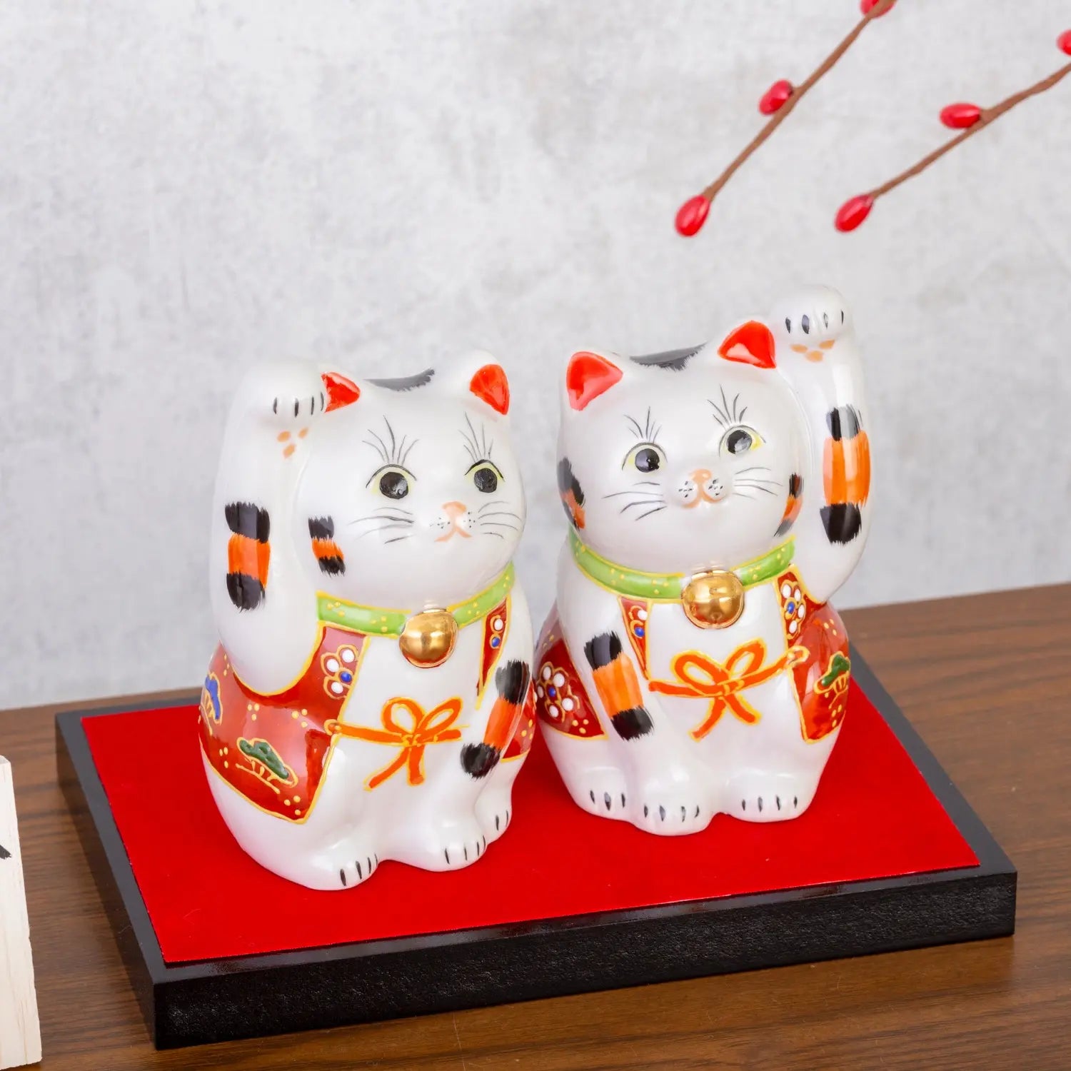 Authentic Kutani Ware Porcelain Maneki Neko Lucky Cat Figurine Set of 2 - 3.5 Inch Japanese Fortune Charm for Home, Office & Gift Giving