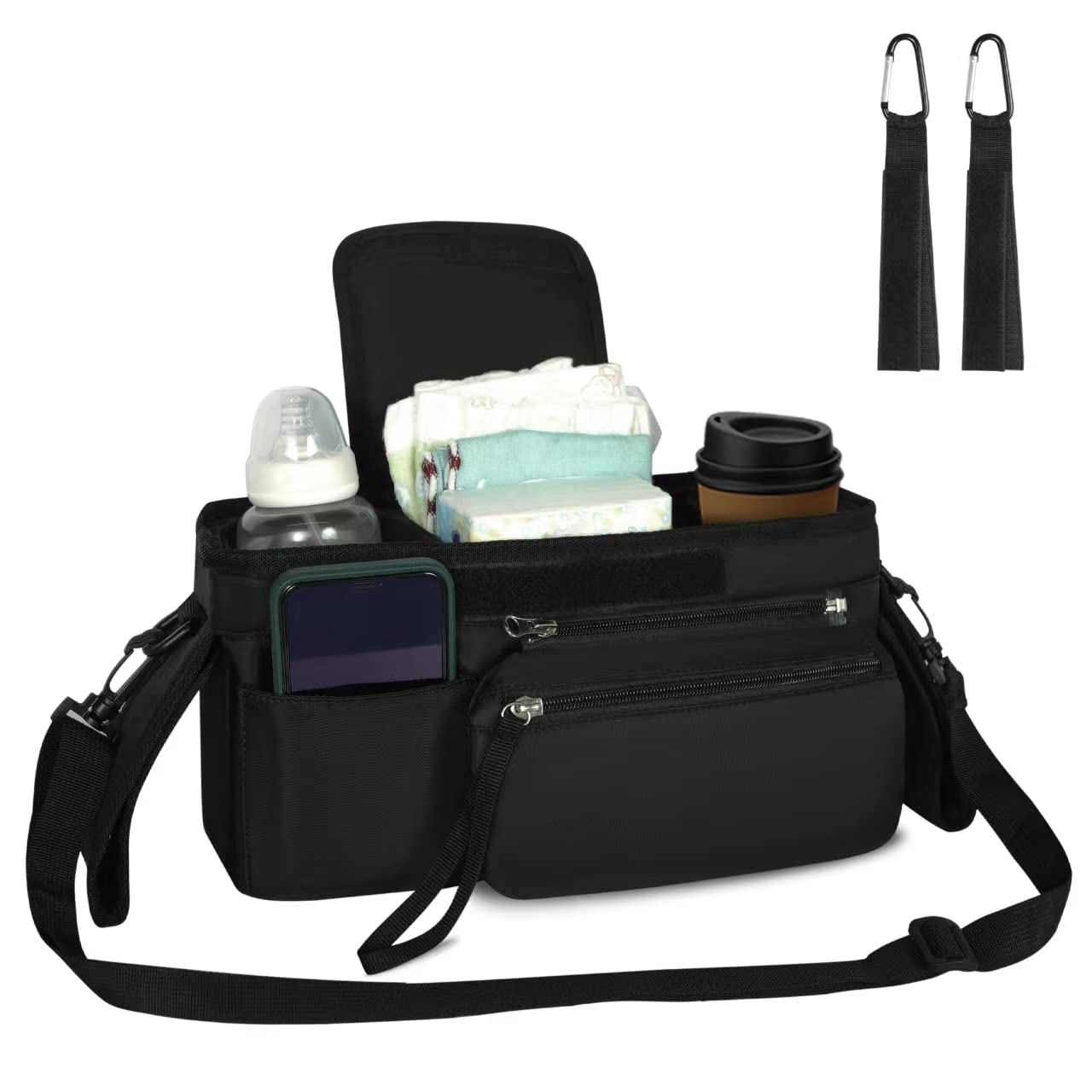 **Baby Stroller Organizer with 2 Insulated Cup Holders & Detachable Phone Bag - Universal Stroller Caddy for Diapers, Keys, Phone - Perfect for Shopping, Walks & Travel**