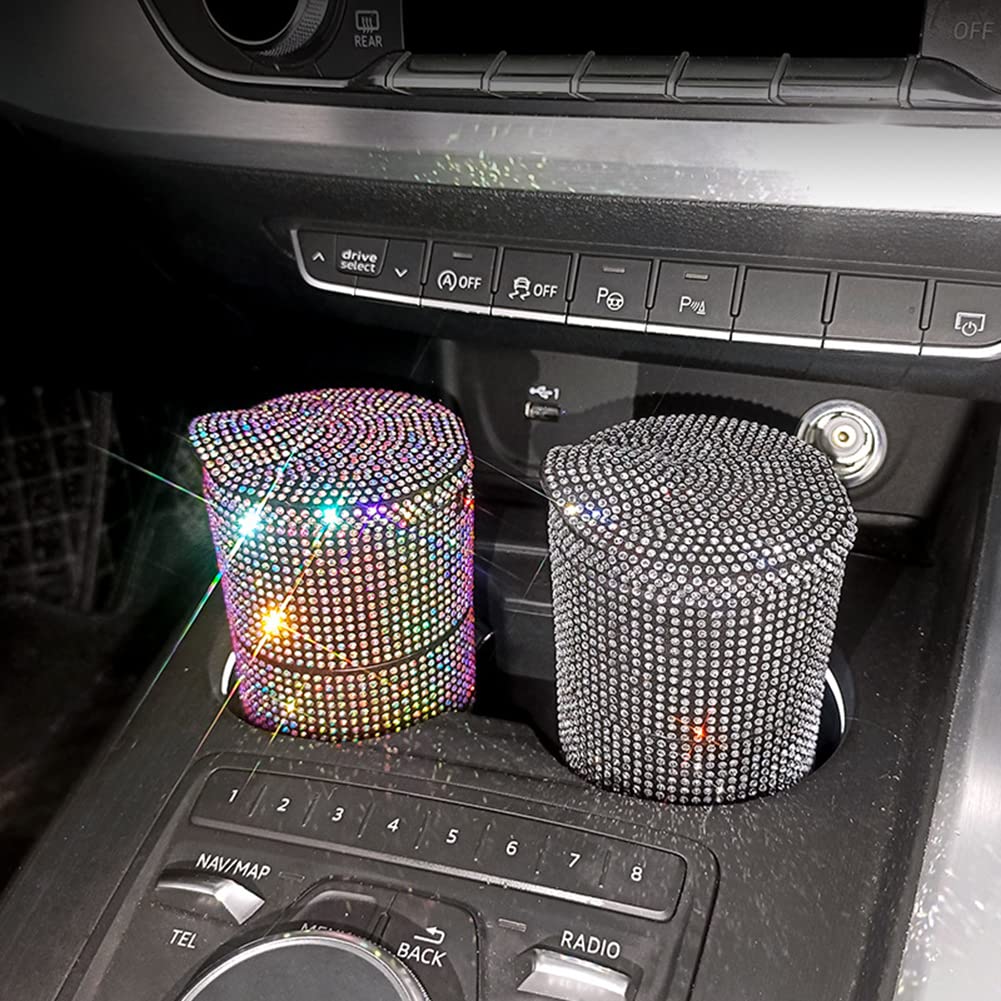Bling Rhinestone Car Cup Holder Ashtray - Smokeless Portable Car Cigarette Ashtray with LED Light, Multi-Purpose Car Trash Can for Smoking - Perfect for Car, Home & Travel Use