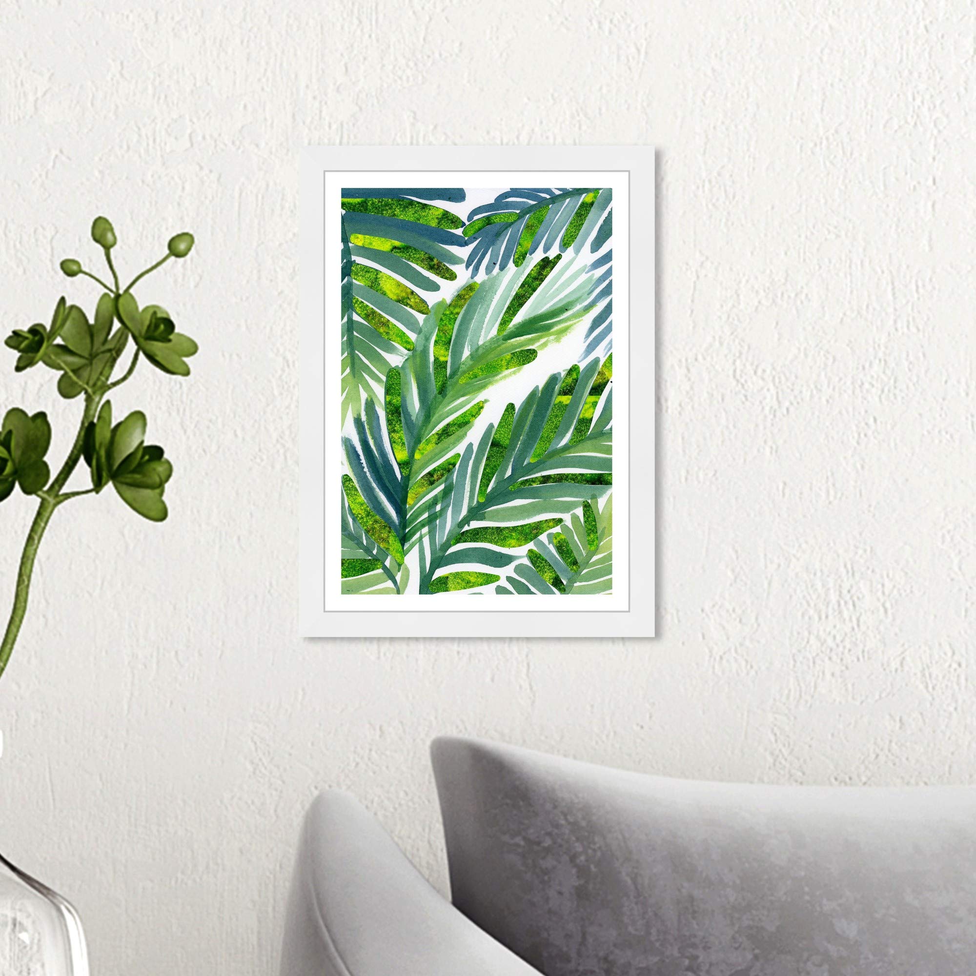 Wynwood Studio Floral Wall Art Framed Print 'Hojas de Palma Moss' - 13x19 Inch Botanical Home Decor in Green & White - Perfect for Living Room, Bedroom or Office Decoration