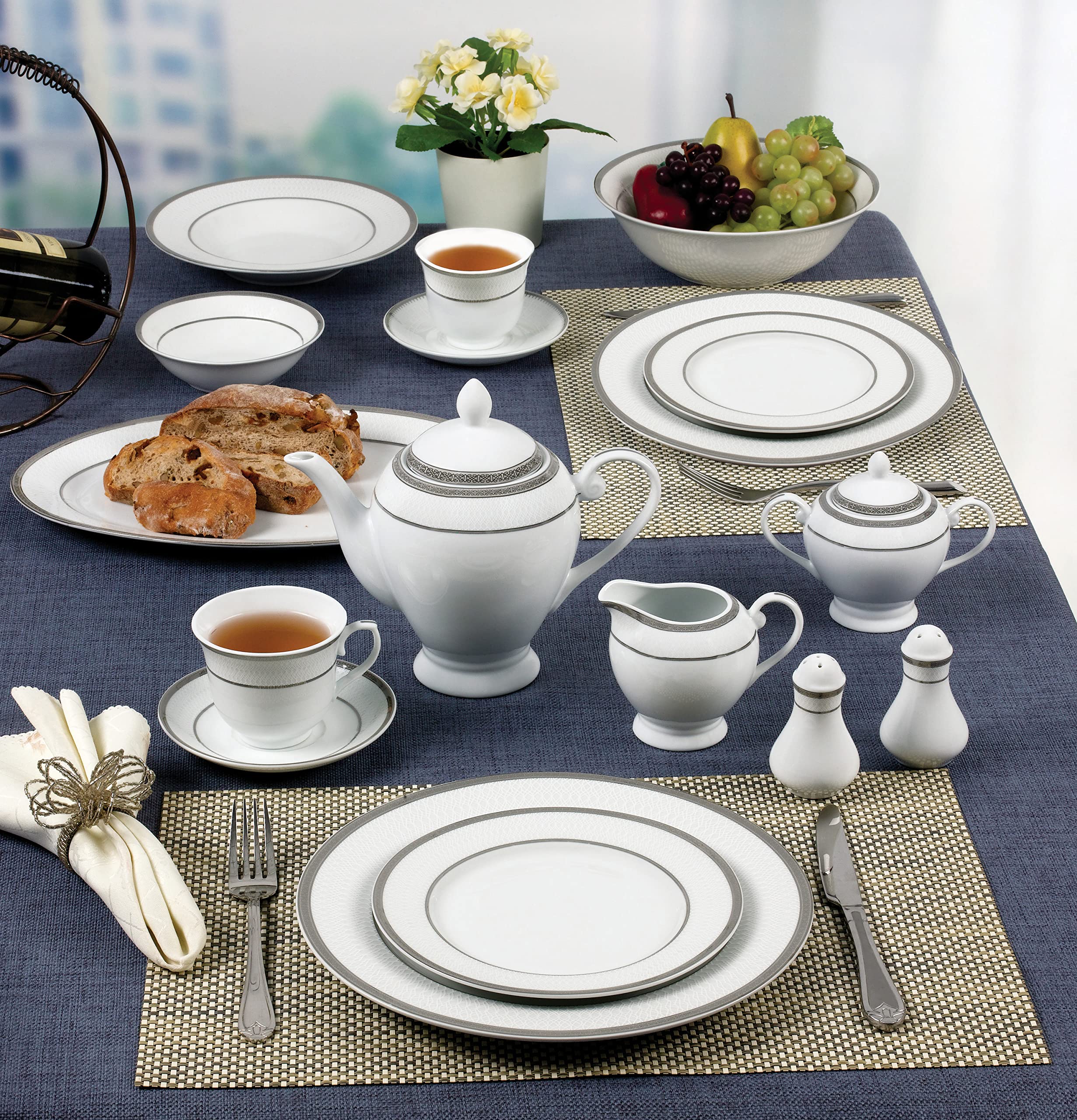 57-Piece Elegant Porcelain Dinnerware Set for 8 - Ashley Collection with Silver Trim | Perfect for Formal Dining, Dinner Parties & Holiday Entertaining