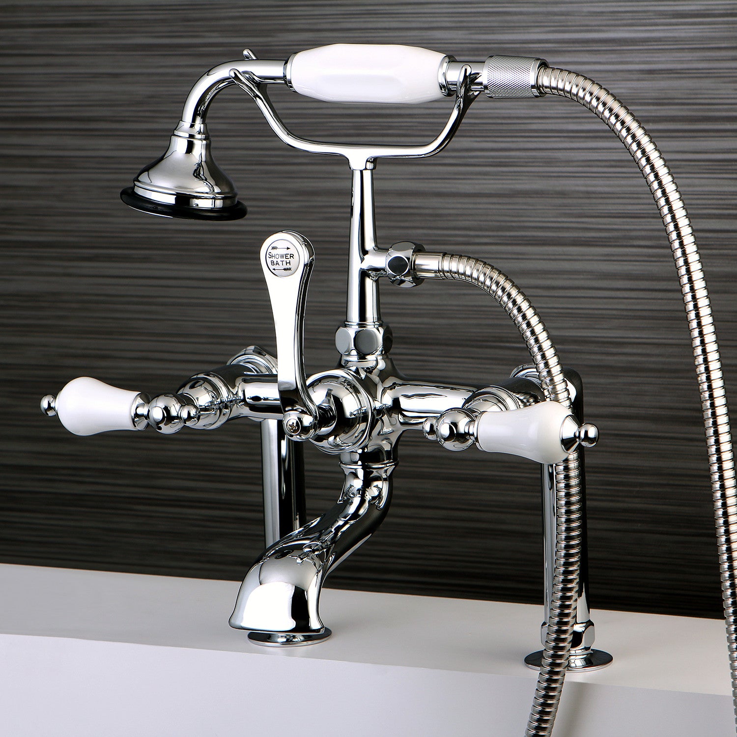 Vintage Clawfoot Tub Faucet with Hand Shower - 3 Handle 2 Hole Deck Mount Bathroom Fixture in Polished Chrome - Perfect for Antique Style Bathrooms & Spa Retreats