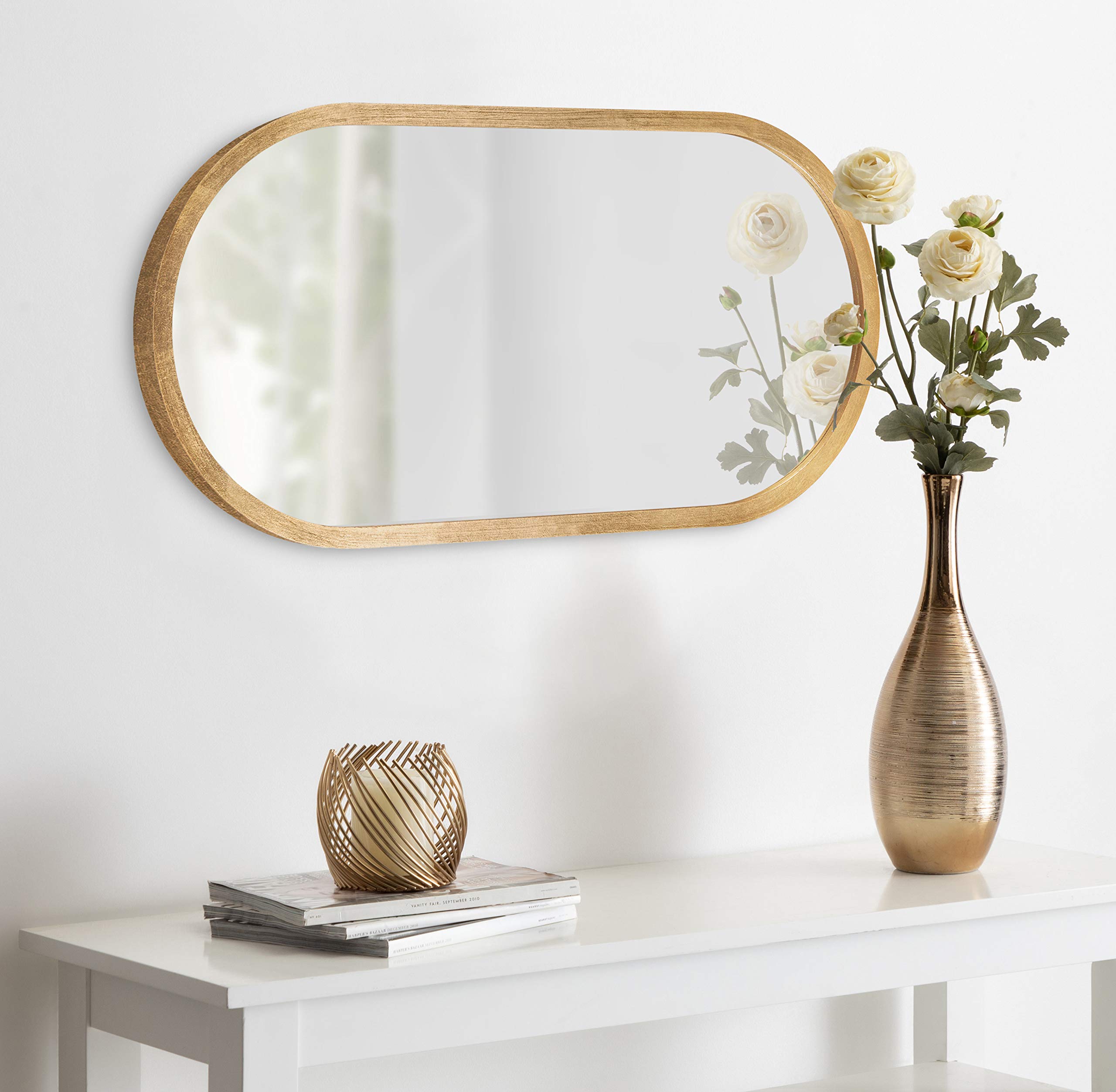 Kate & Laurel Travis Modern Capsule Wood Framed Wall Mirror 12x24 Inches - Gold Geometric Decorative Mirror for Living Room, Bedroom & Entryway Decor
