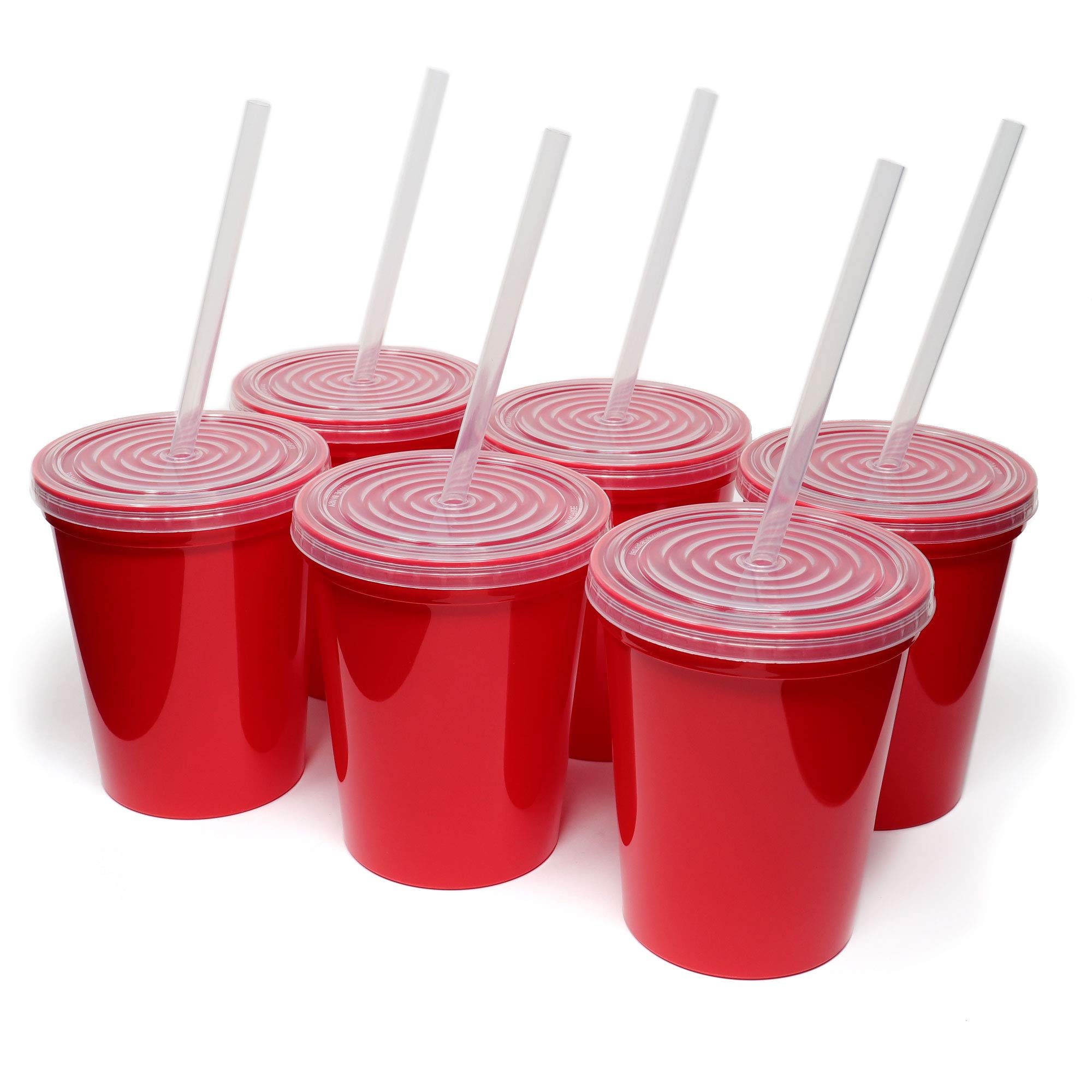 Rolling Sands 16 Oz. Reusable Plastic Stadium Cups with Lids - 6 Pack BPA-Free Dishwasher Safe Tumblers with 6 Straws | USA Made Red Party Cups for Sports Events, BBQs, and Outdoor Gatherings