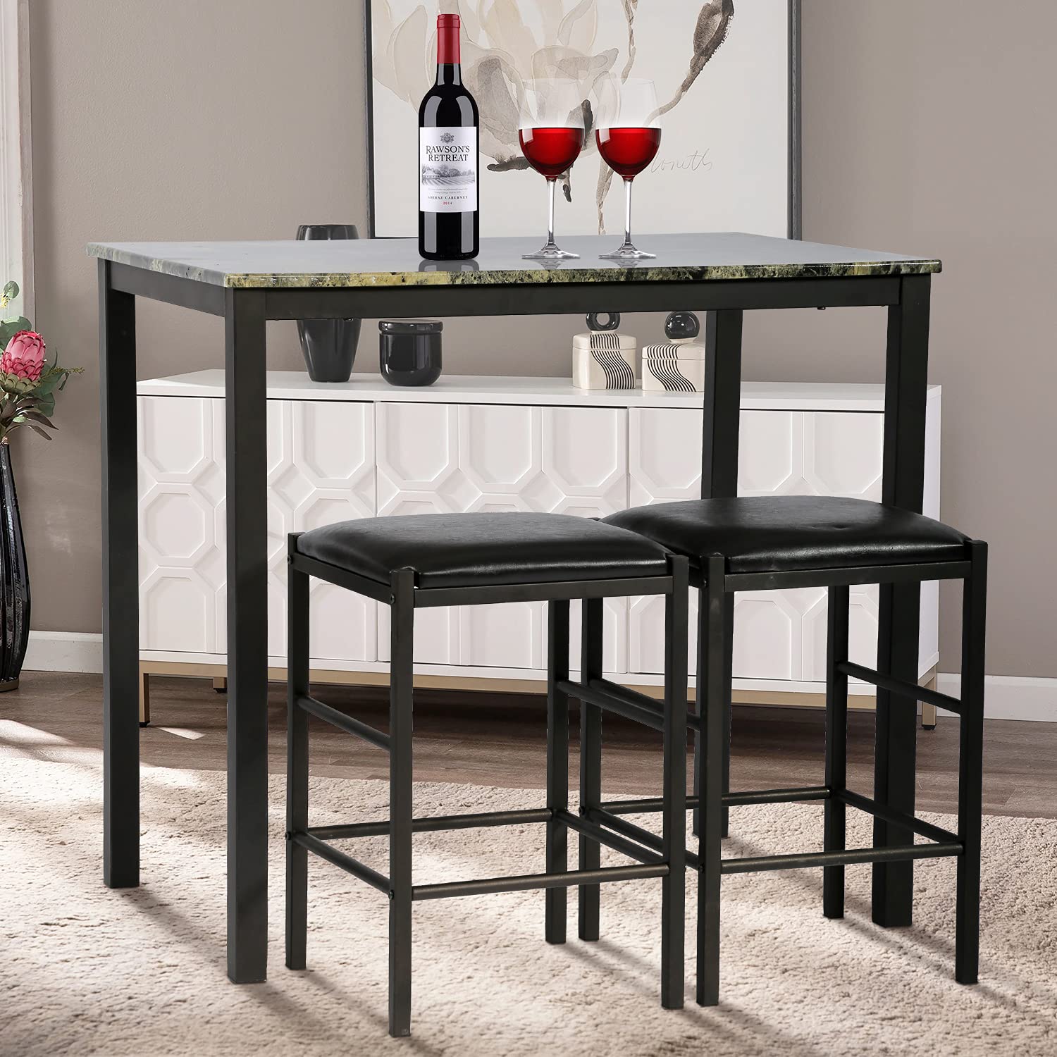 Modern 3-Piece Dining Table Set for 2 - Marble Rectangular Table & 2 Upholstered Chairs - Kitchen, Dining Room, Bar, Hotel Furniture - Perfect for Small Spaces, Breakfast Nooks, and Compact Apartments
