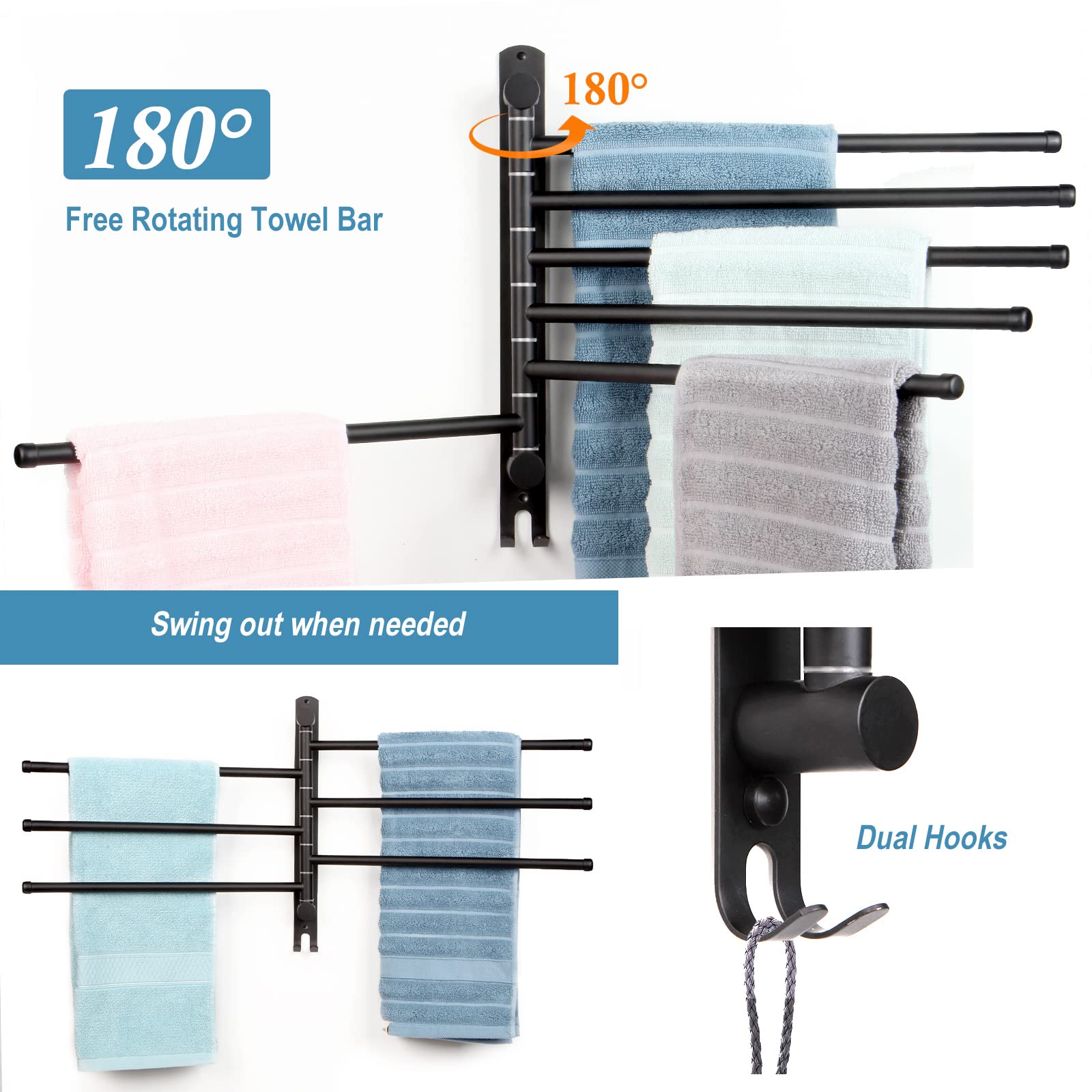 Stainless Steel Swivel Towel Bar with Hook - Wall Mounted Bathroom & Kitchen Towel Rack Holder - Perfect for Small Spaces, Apartments, and Organizing Hand Towels, Washcloths, and Robes